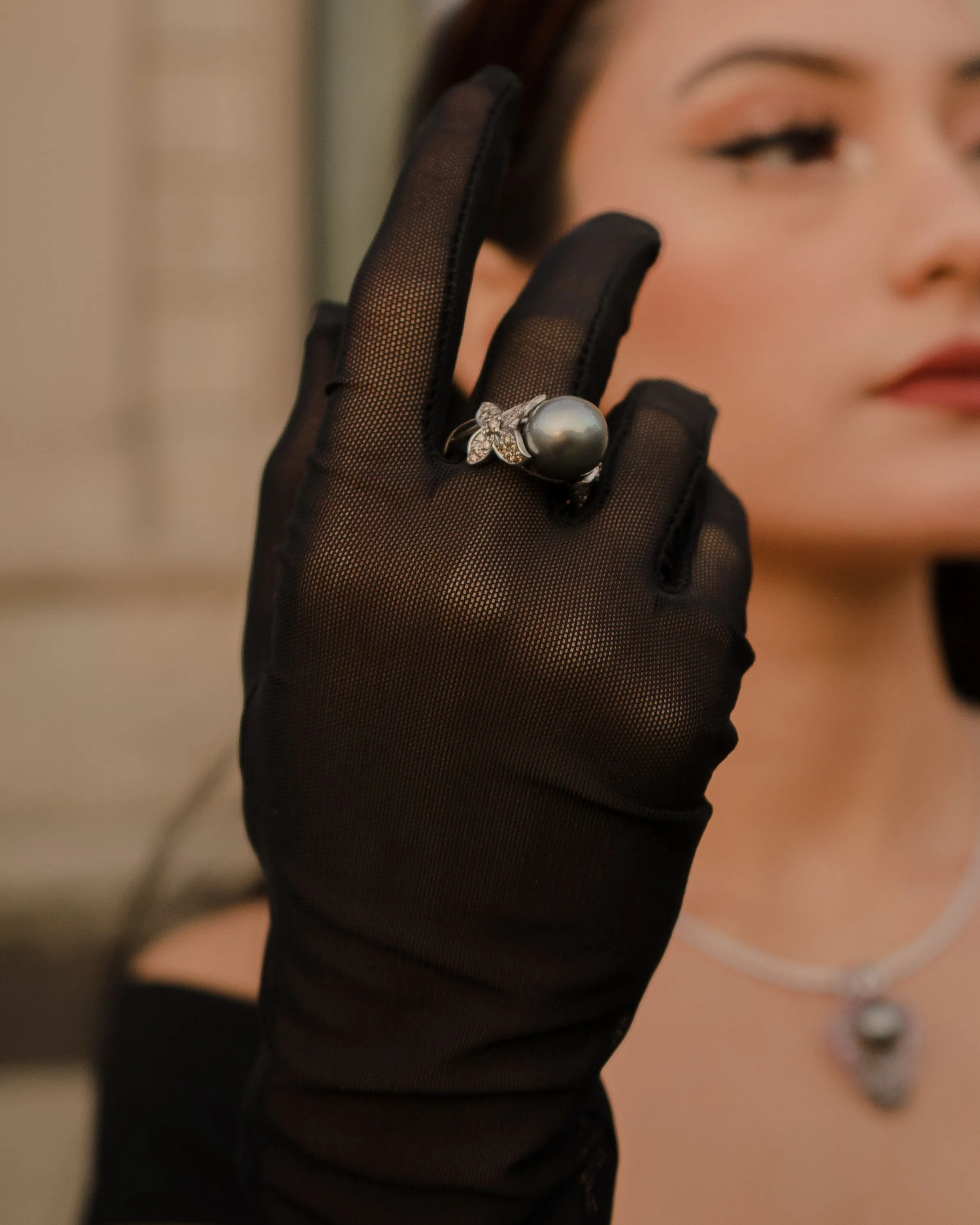 Butterfly Black Pearl White Gold Statement Ring