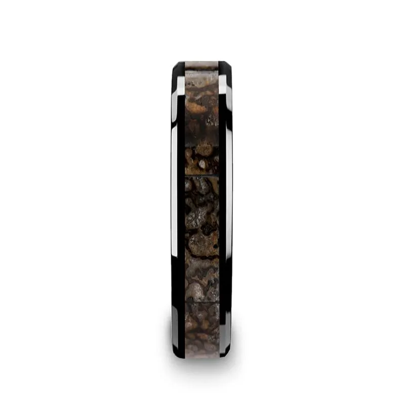 CADMUS | Black Ceramic Ring, Brown Dinosaur Bone Inlay, Beveled