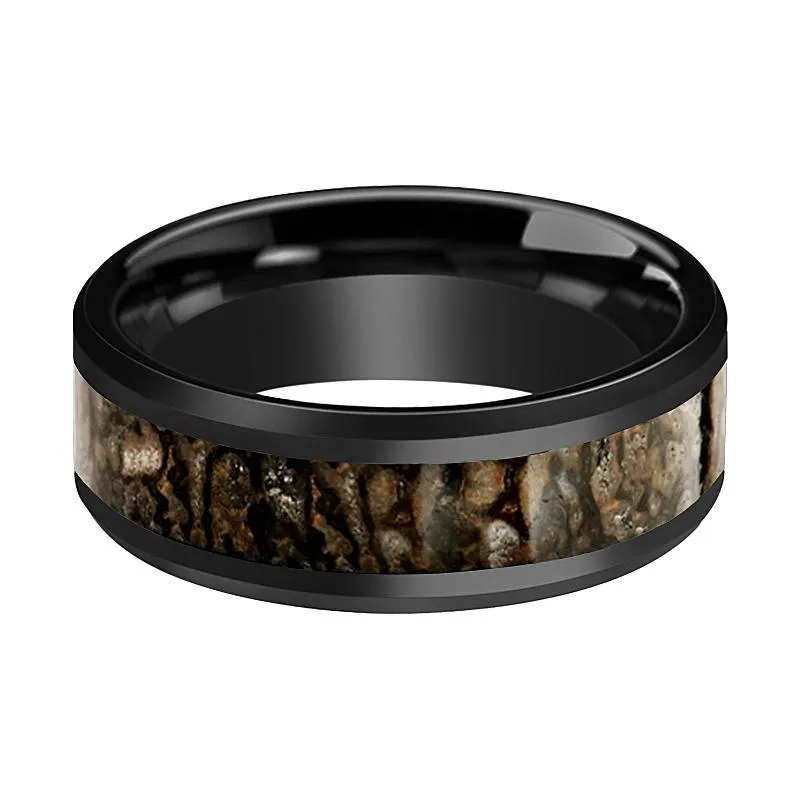 CADMUS | Black Ceramic Ring, Brown Dinosaur Bone Inlay, Beveled