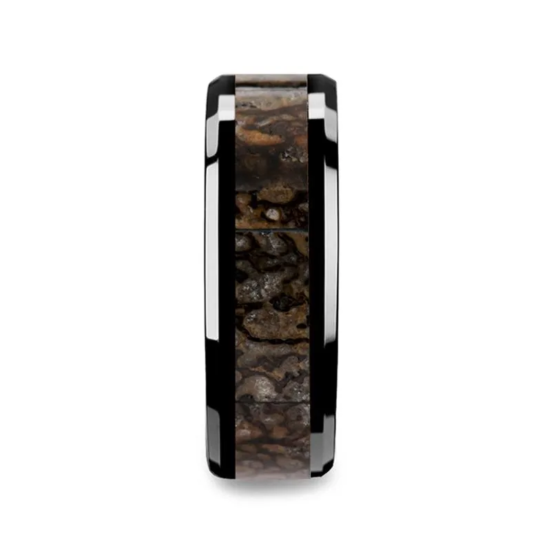 CADMUS | Black Ceramic Ring, Brown Dinosaur Bone Inlay, Beveled