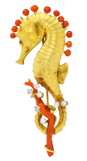 Cartier Vintage Coral Diamond Emerald 18 Karat Gold Seahorse Brooch
