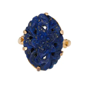 Carved Lapis Lazuli Flower Ring Vintage 14k Yellow Gold Oval Cocktail Jewelry