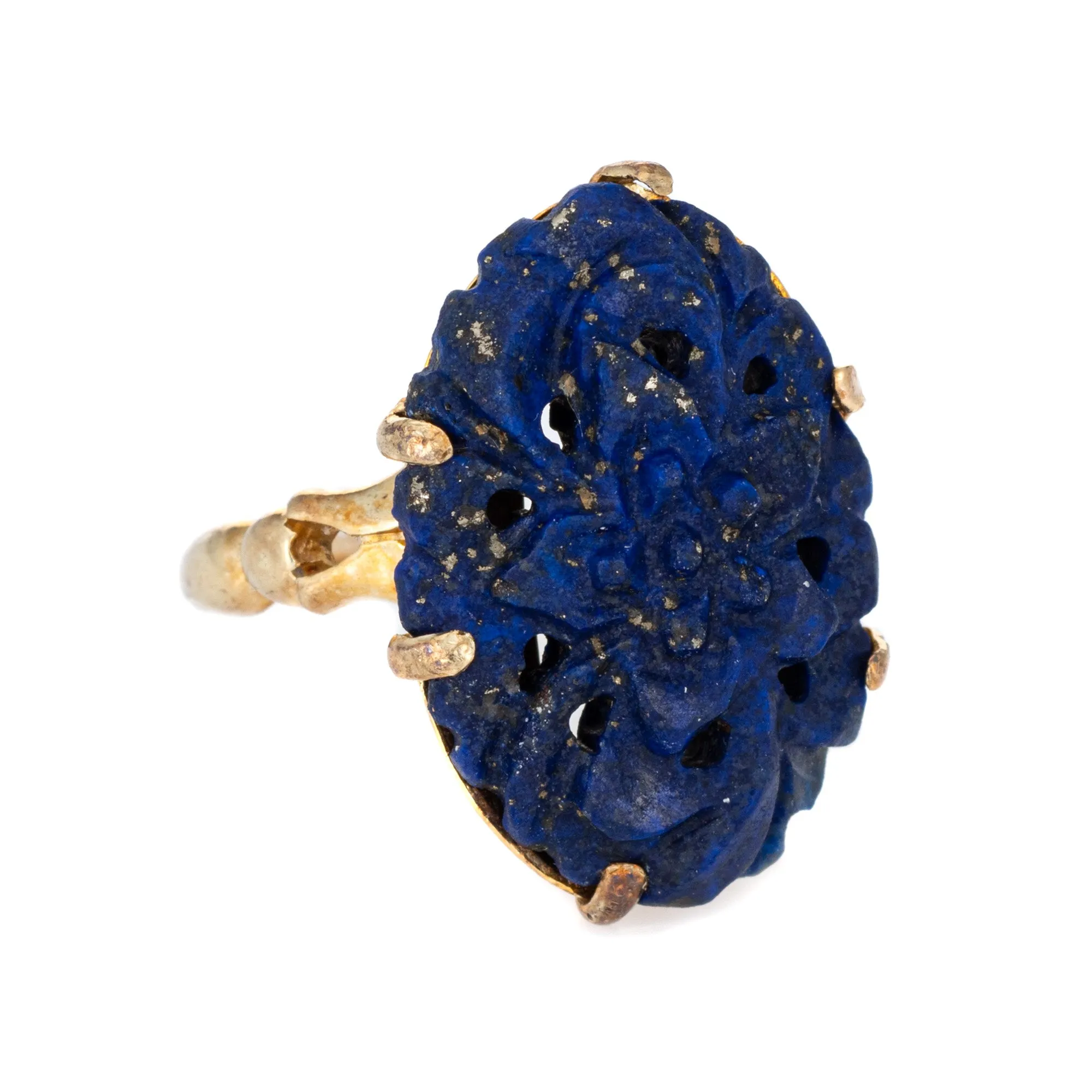 Carved Lapis Lazuli Flower Ring Vintage 14k Yellow Gold Oval Cocktail Jewelry