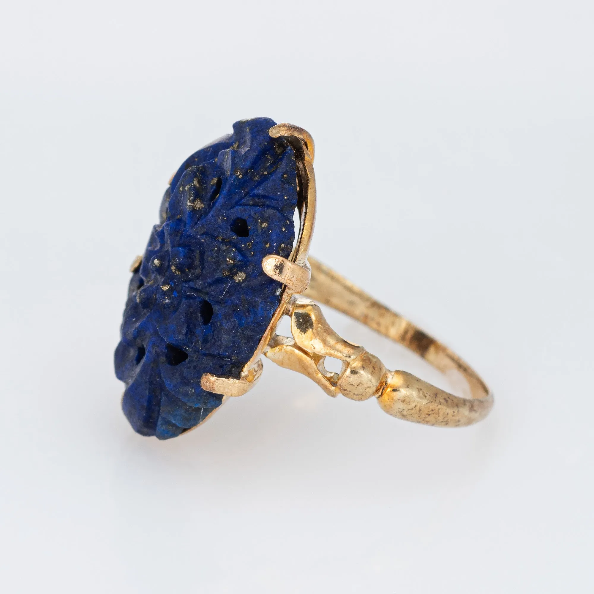 Carved Lapis Lazuli Flower Ring Vintage 14k Yellow Gold Oval Cocktail Jewelry