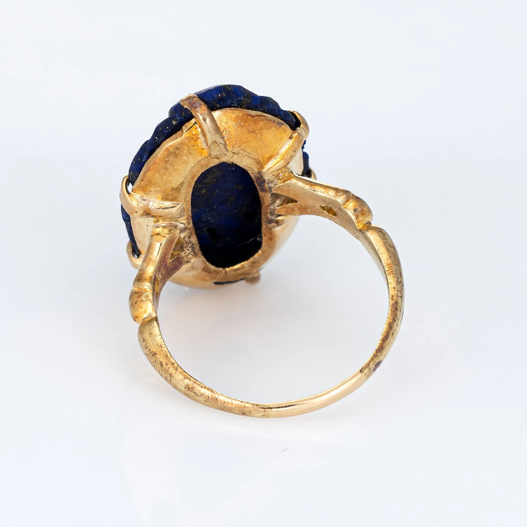 Carved Lapis Lazuli Flower Ring Vintage 14k Yellow Gold Oval Cocktail Jewelry