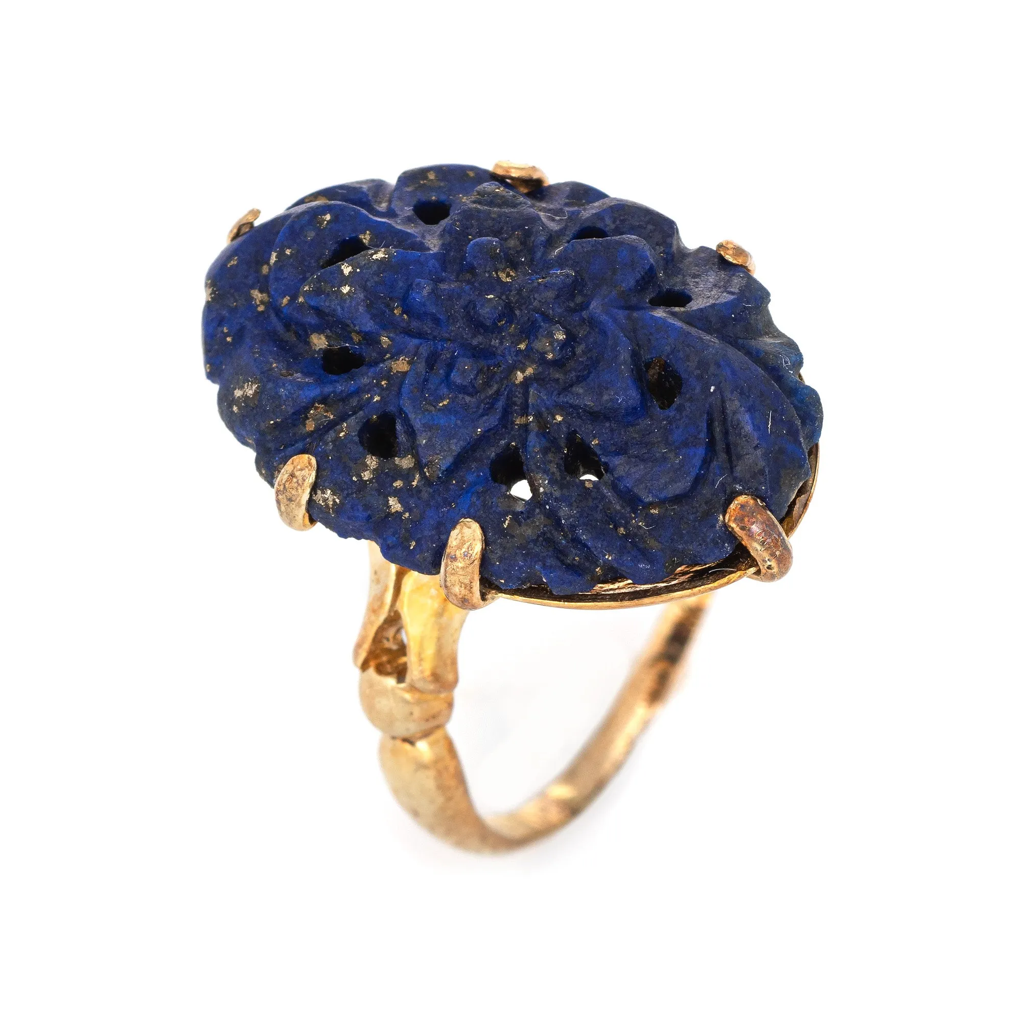 Carved Lapis Lazuli Flower Ring Vintage 14k Yellow Gold Oval Cocktail Jewelry