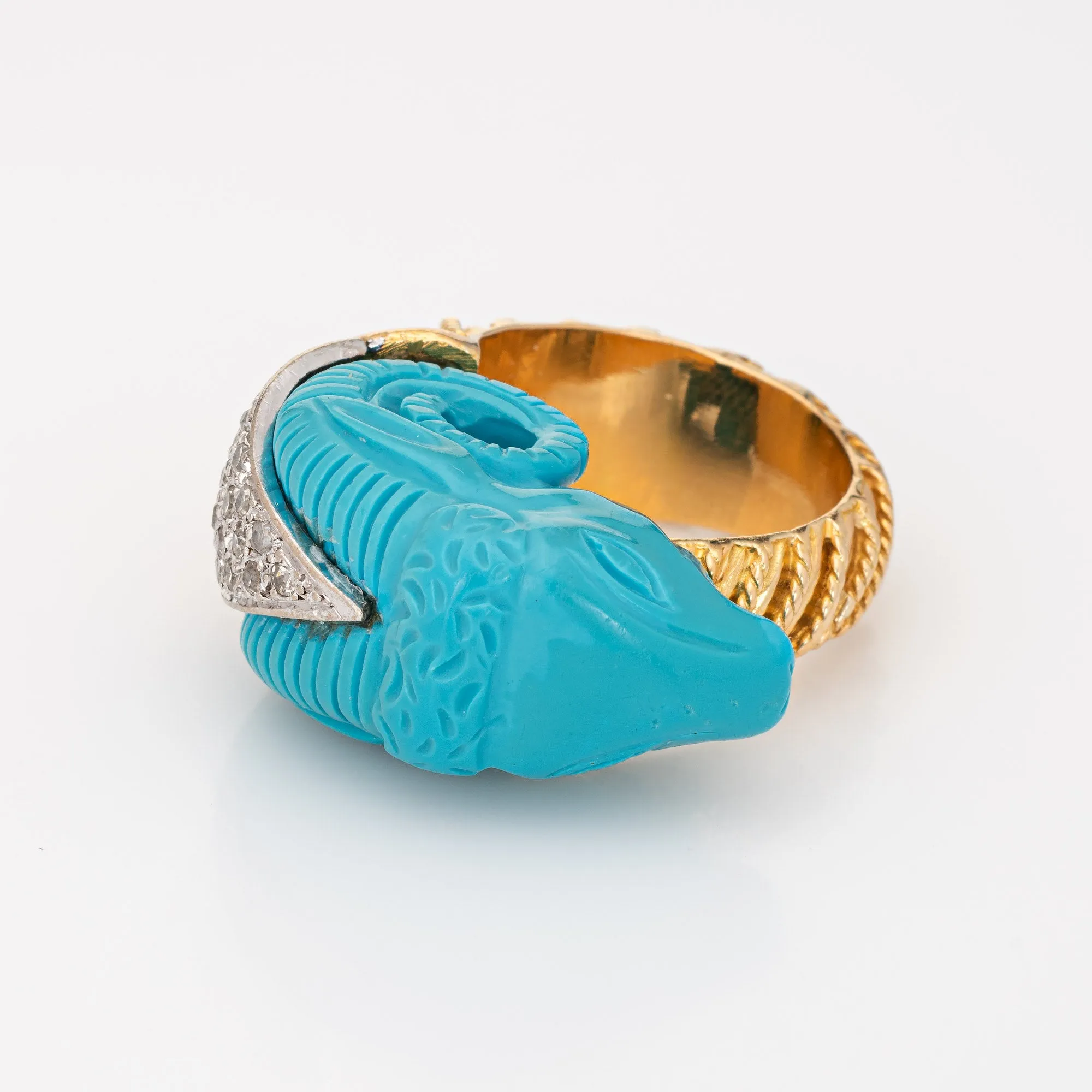 Carved Turquoise Ram Ring Vintage 18k Gold Diamond Aries Jewelry Large Cocktail