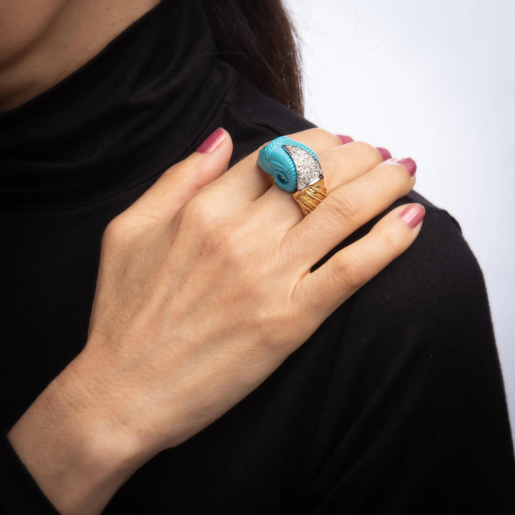 Carved Turquoise Ram Ring Vintage 18k Gold Diamond Aries Jewelry Large Cocktail