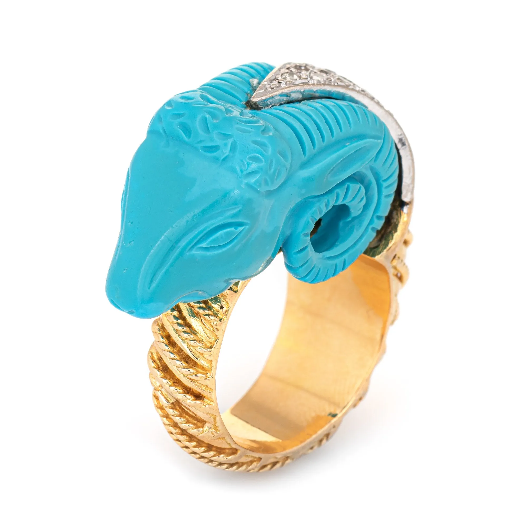 Carved Turquoise Ram Ring Vintage 18k Gold Diamond Aries Jewelry Large Cocktail