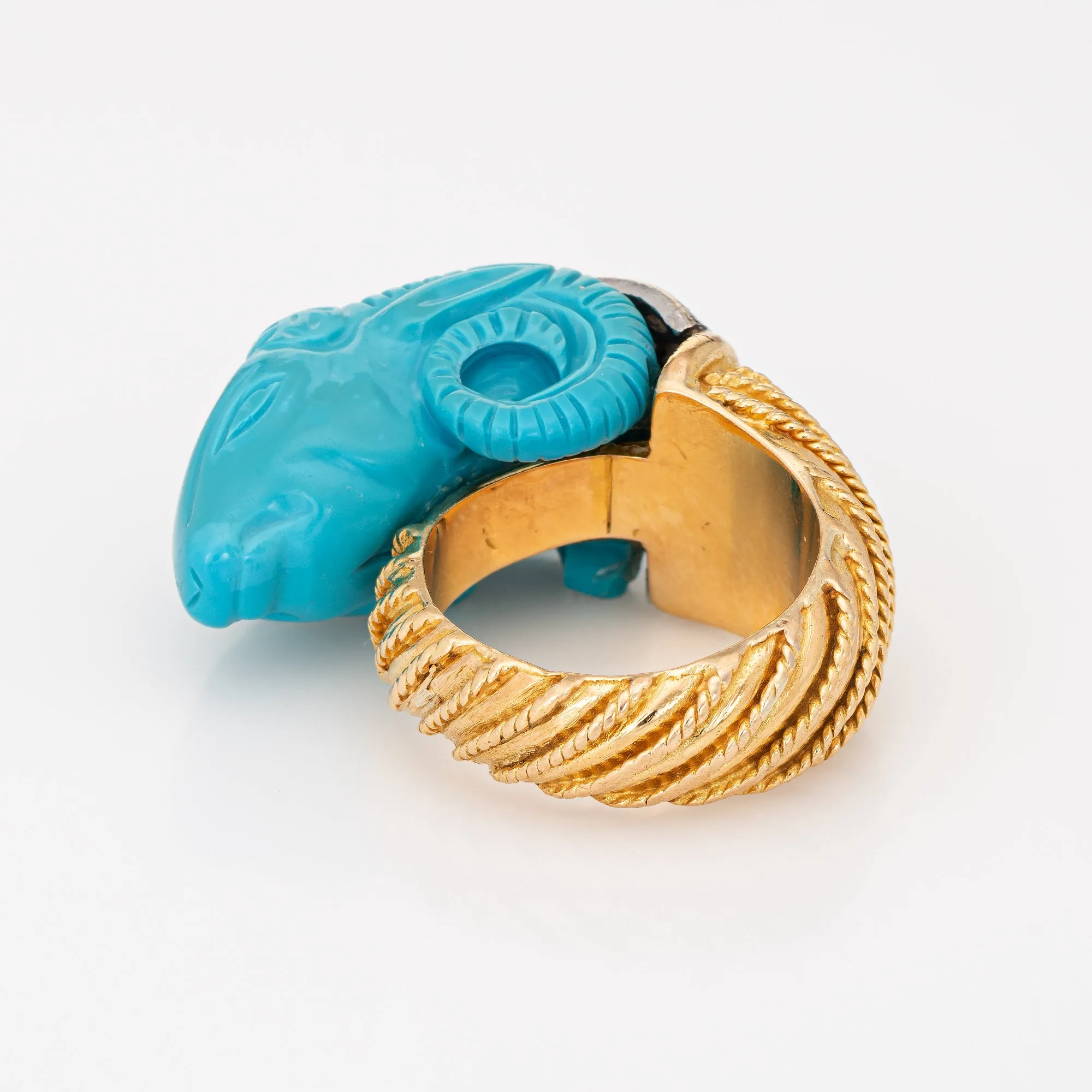 Carved Turquoise Ram Ring Vintage 18k Gold Diamond Aries Jewelry Large Cocktail