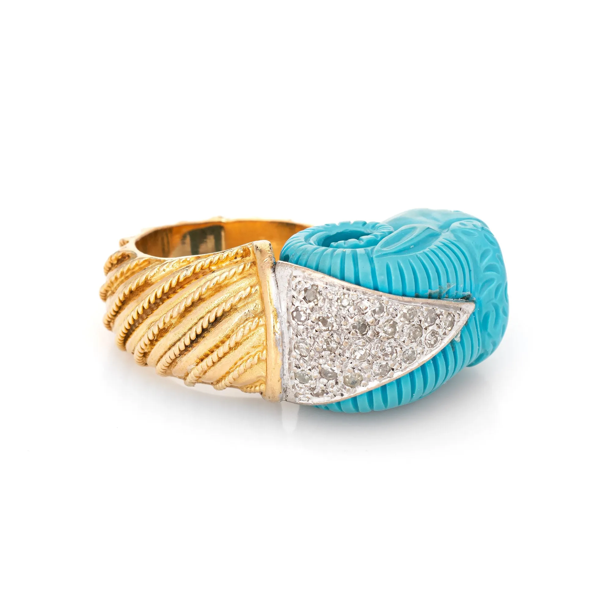 Carved Turquoise Ram Ring Vintage 18k Gold Diamond Aries Jewelry Large Cocktail