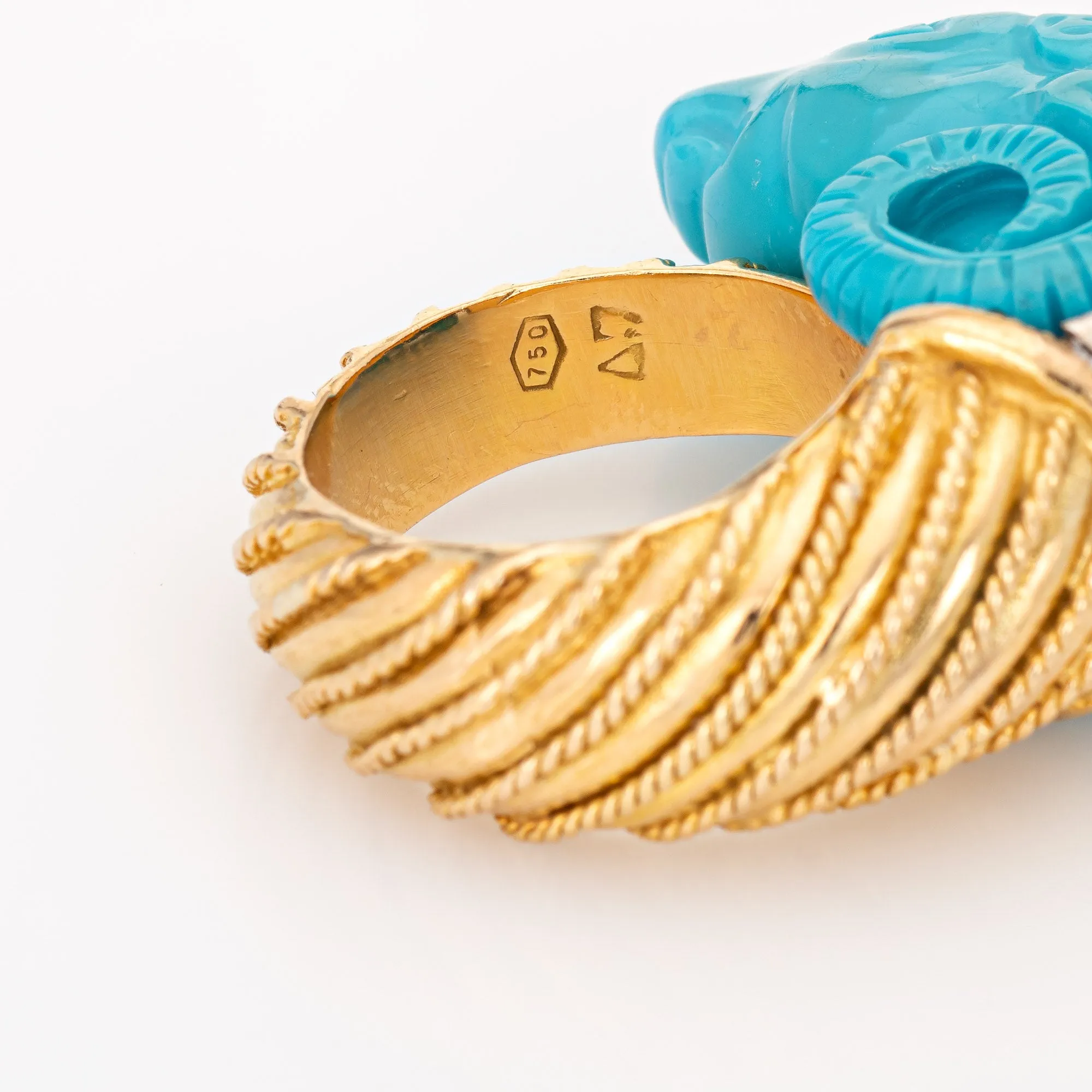 Carved Turquoise Ram Ring Vintage 18k Gold Diamond Aries Jewelry Large Cocktail