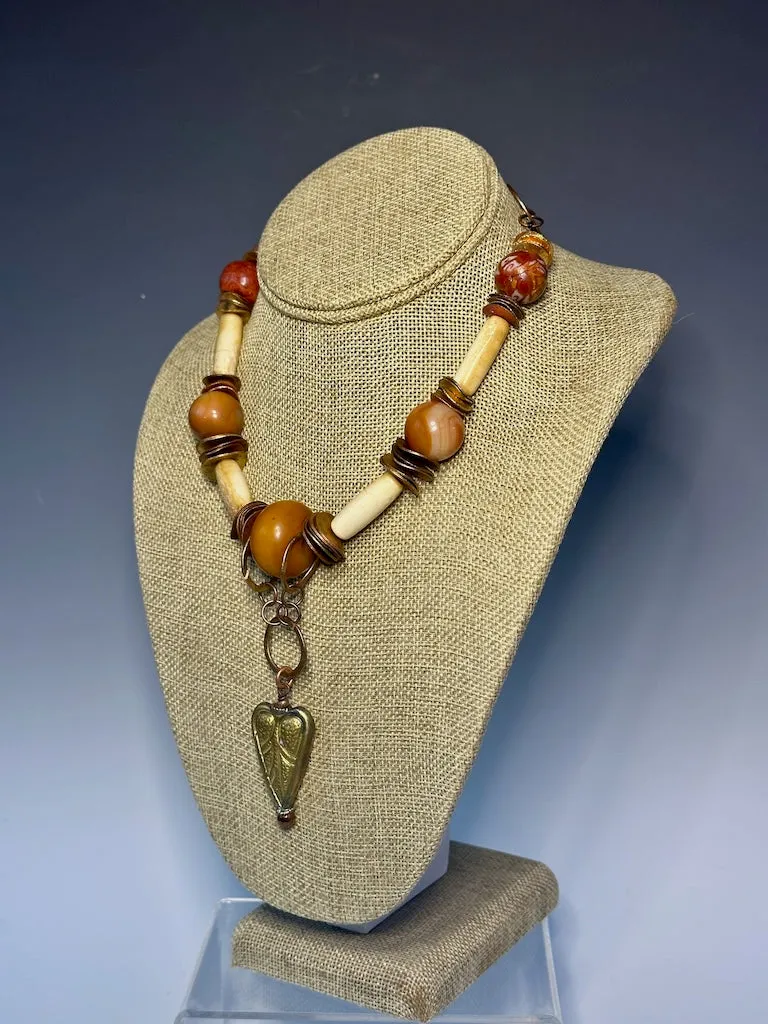 CARVED WOOD, AGATE, COPPER AND BRASS HEART STATEMENT NECKLACE LCN893