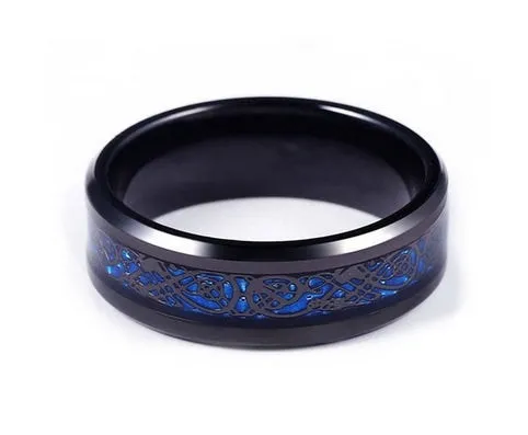 Celtic Men's Black Blue Ring Dragon Inlay 8mm Titanium BLACK Mens Wedding Band Engagement Ring Black