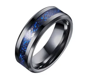 Celtic Men's Black Blue Ring Dragon Inlay 8mm Titanium BLACK Mens Wedding Band Engagement Ring Black