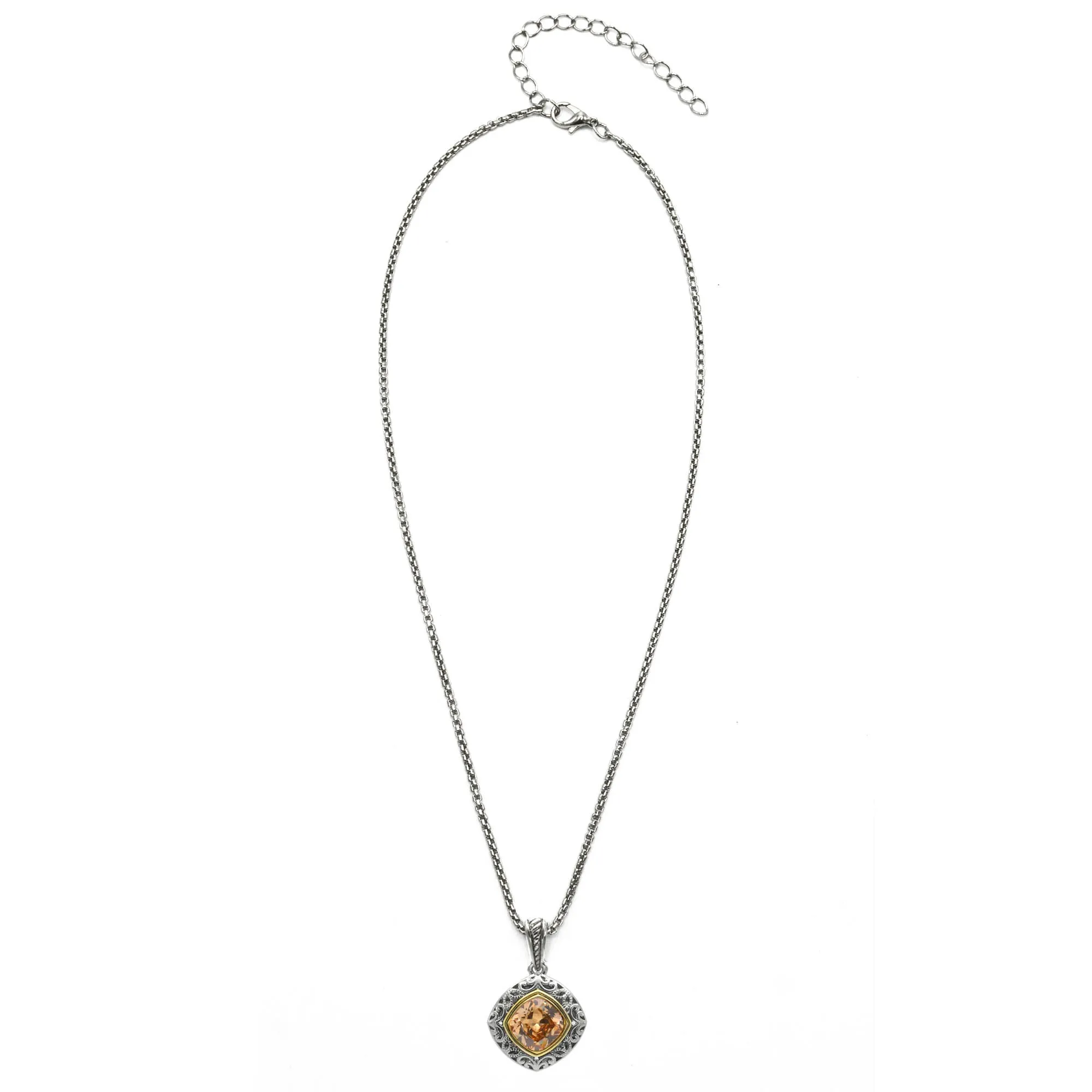 CHAMPAGNE CRYSTAL SILVER FILIGREE PENDANT NECKLACE #93061EH-CHAM (FD19)
