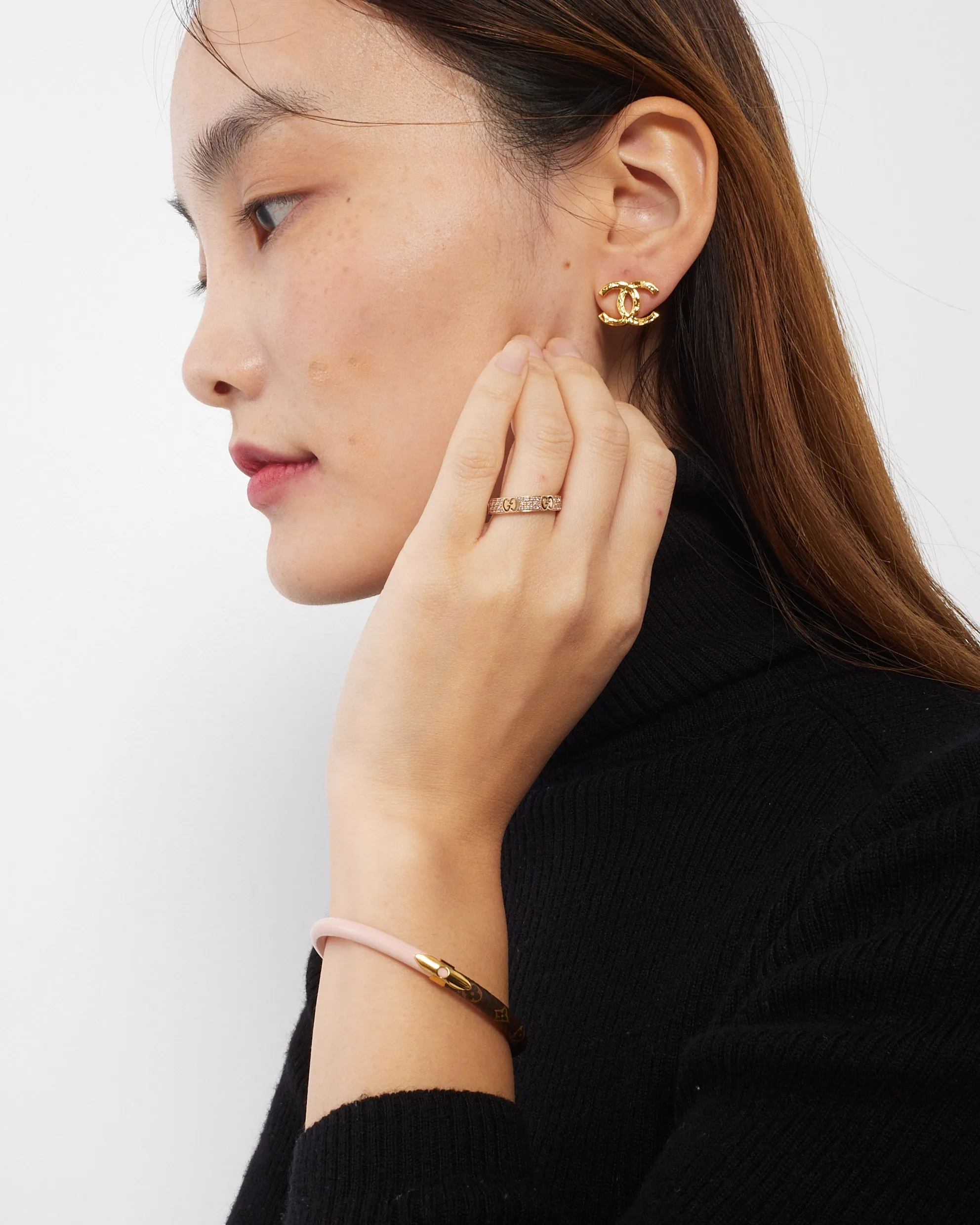 Chanel Gold Hammered Metal CC Logo Earrings