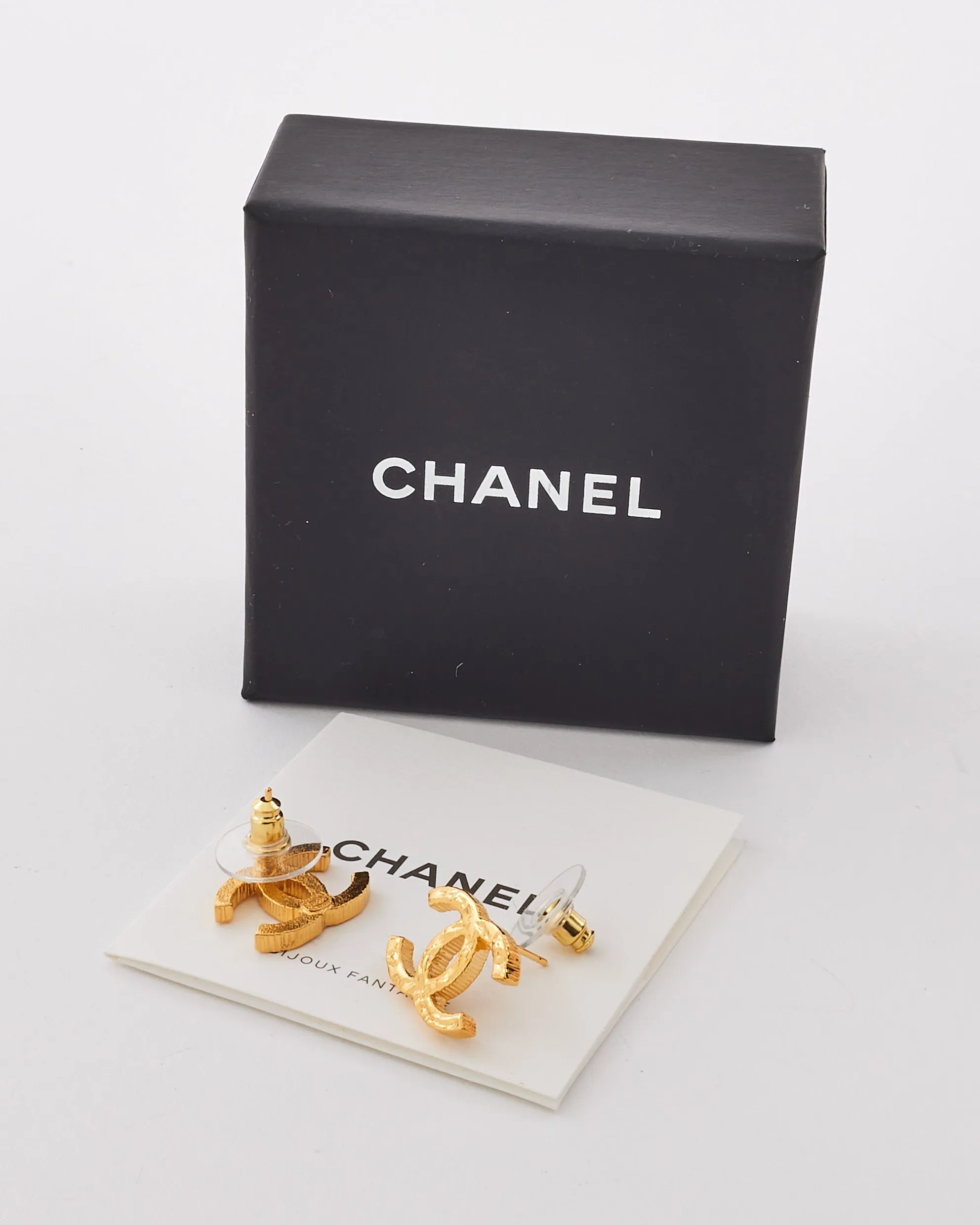 Chanel Gold Hammered Metal CC Logo Earrings