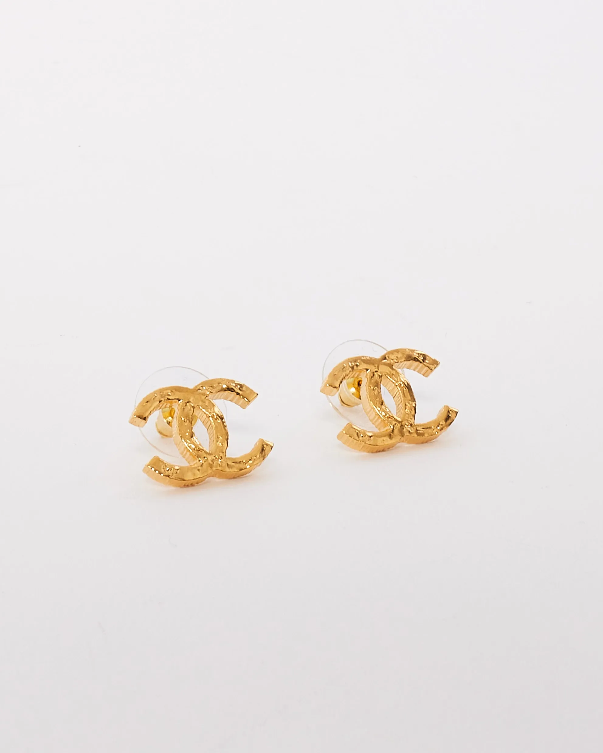 Chanel Gold Hammered Metal CC Logo Earrings
