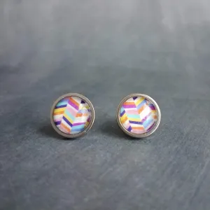 Colorful Stud Earrings, bright color earring, stainless steel earring, hypoallergenic, chevron earring zig zag earring round rainbow earring