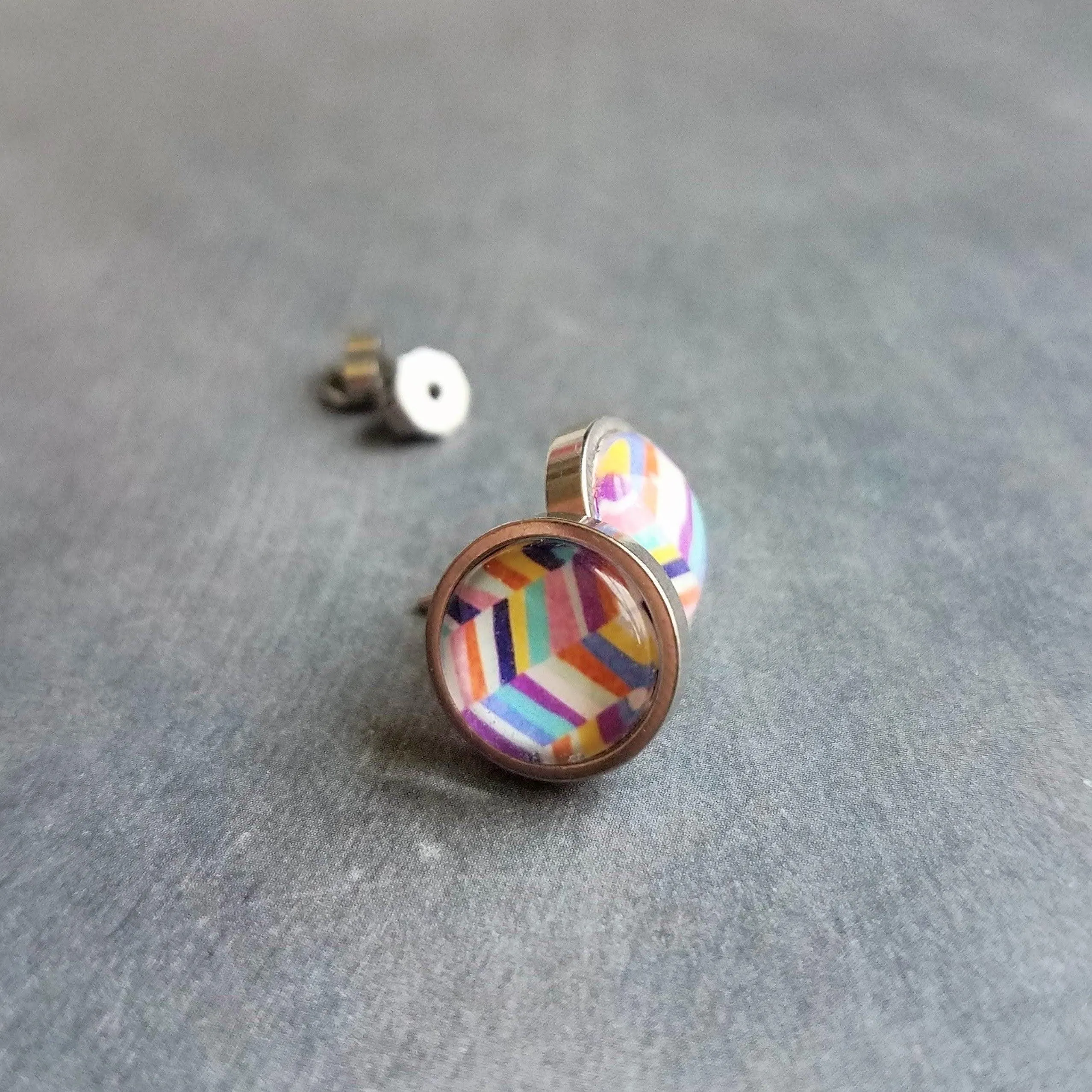 Colorful Stud Earrings, bright color earring, stainless steel earring, hypoallergenic, chevron earring zig zag earring round rainbow earring