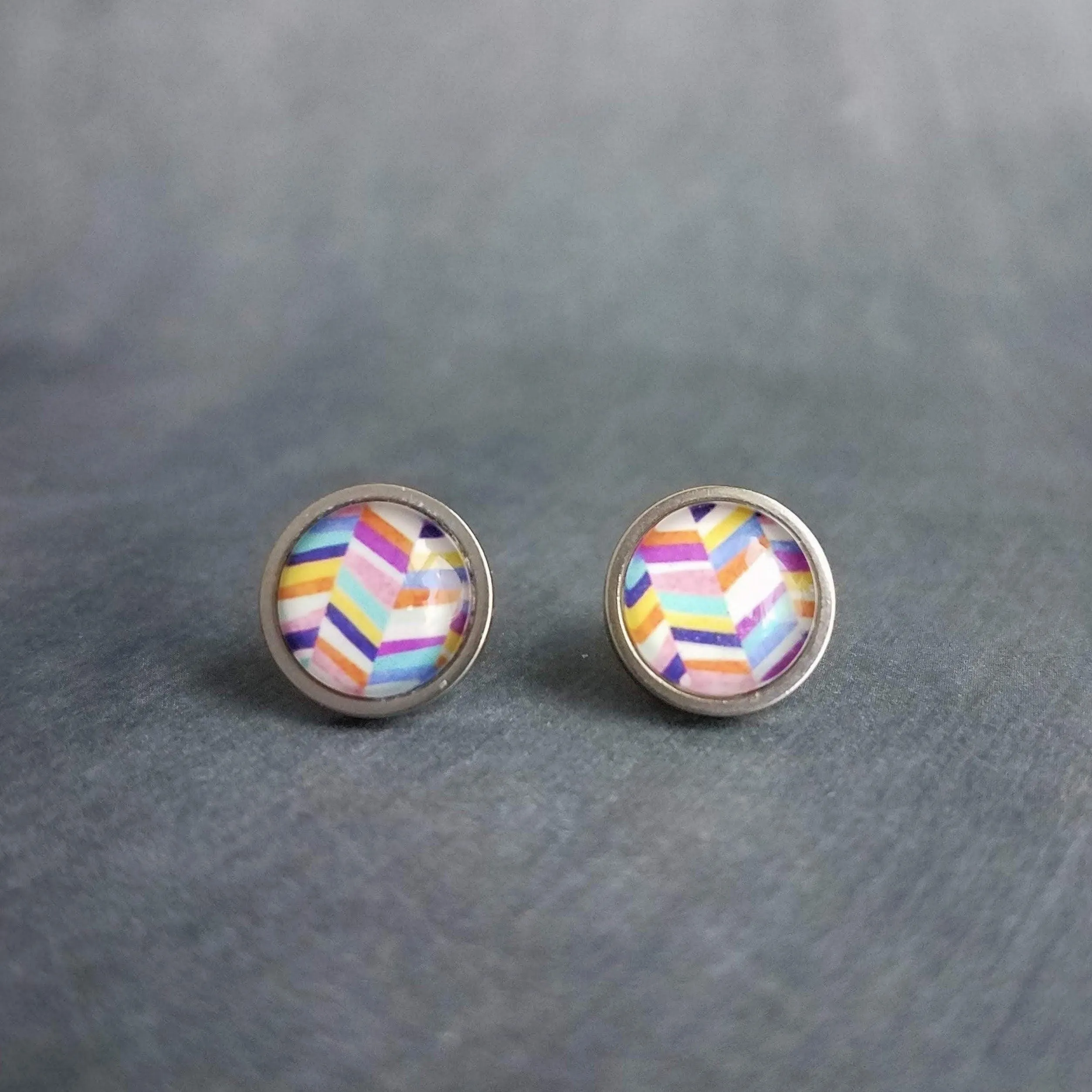 Colorful Stud Earrings, bright color earring, stainless steel earring, hypoallergenic, chevron earring zig zag earring round rainbow earring