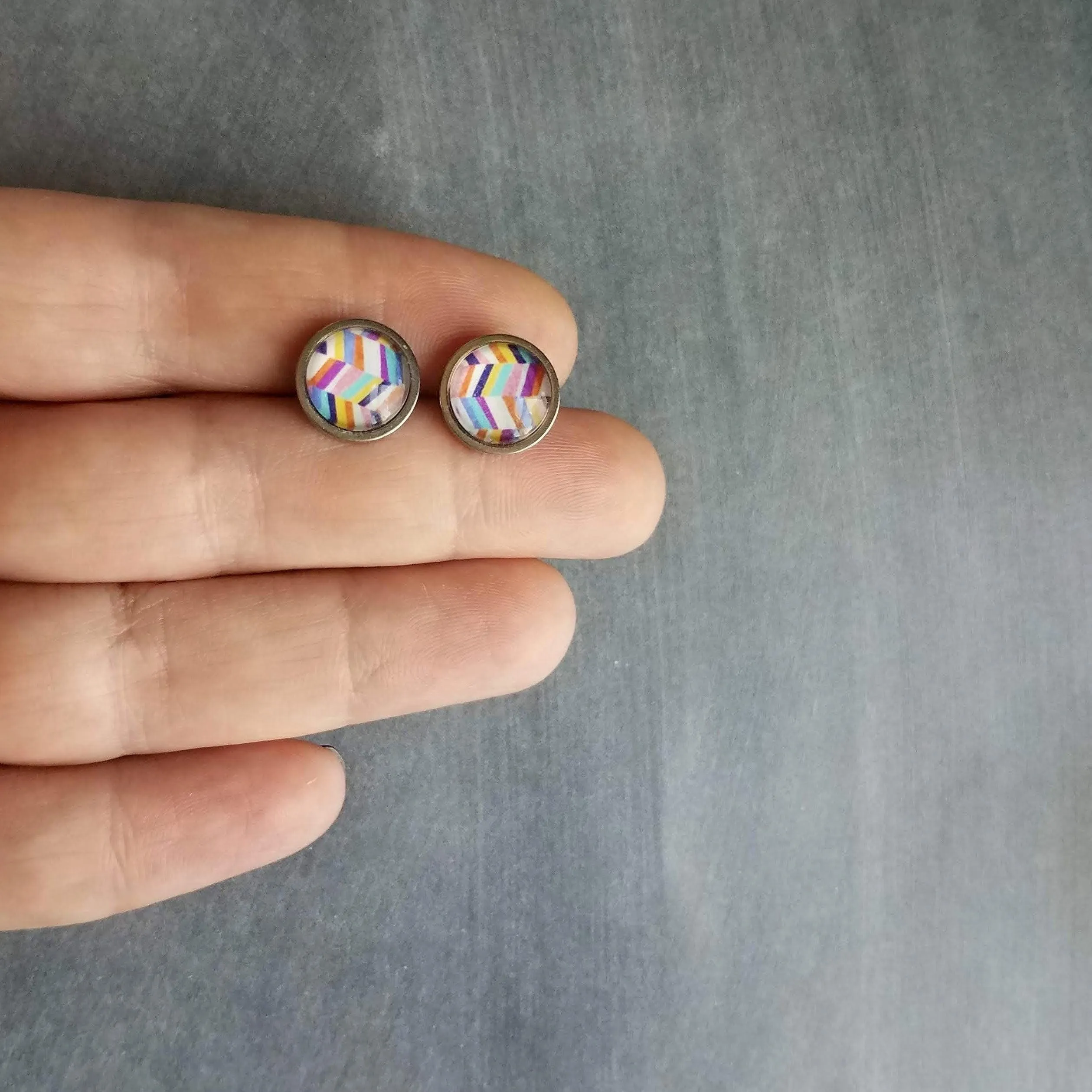 Colorful Stud Earrings, bright color earring, stainless steel earring, hypoallergenic, chevron earring zig zag earring round rainbow earring