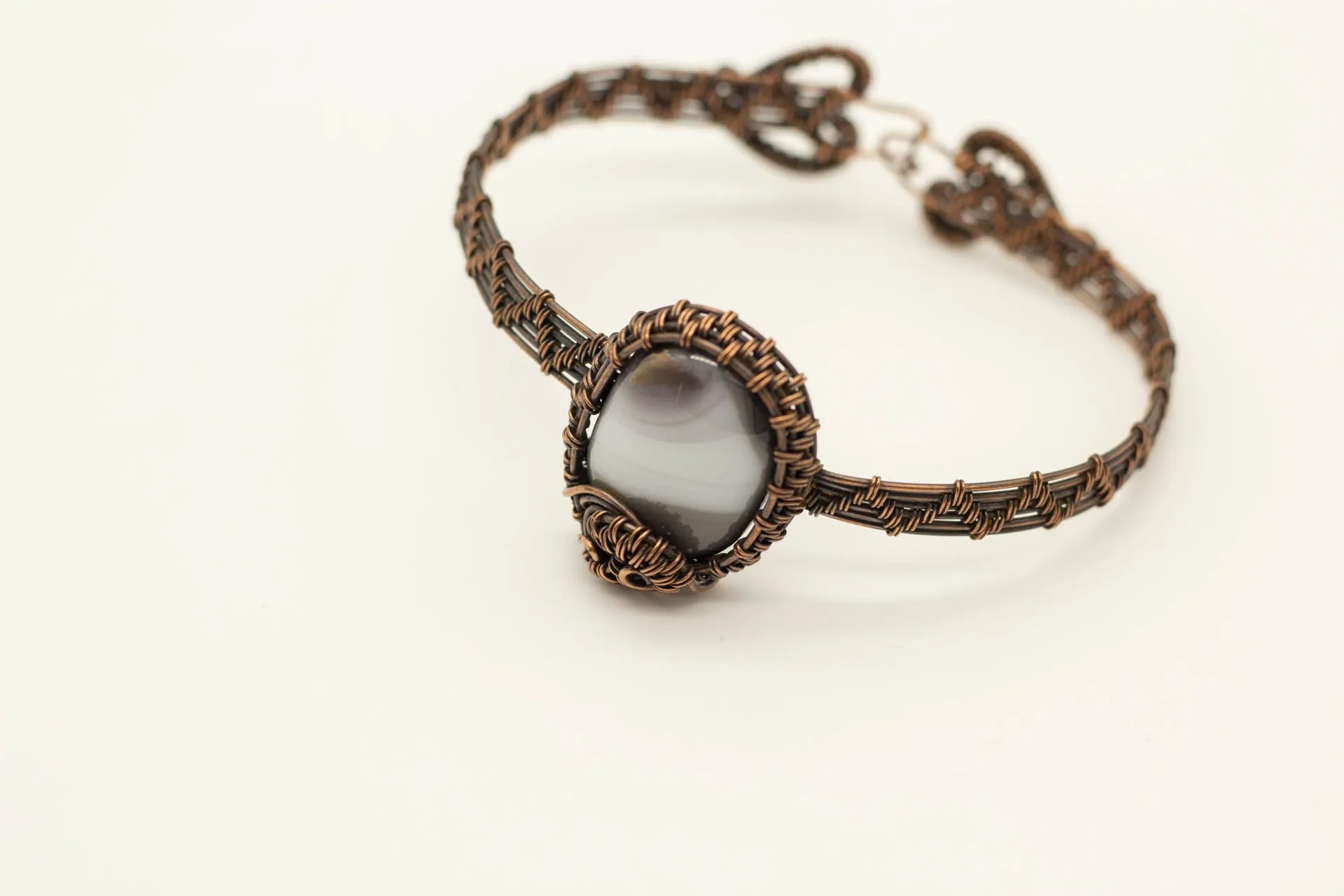 Copper Wire Wrapped Bracelet with Grey and White Fused Glass