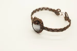 Copper Wire Wrapped Bracelet with Grey and White Fused Glass