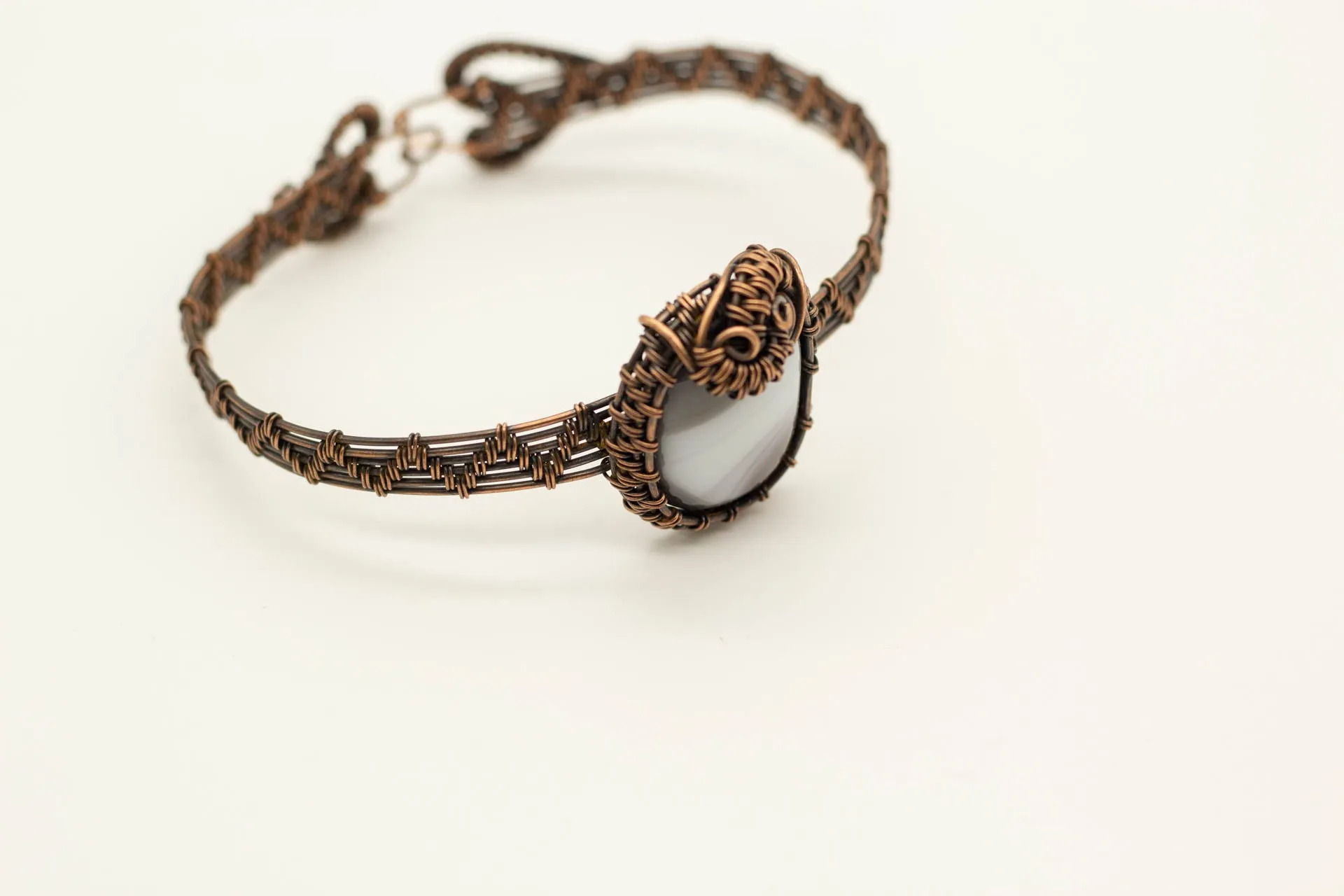 Copper Wire Wrapped Bracelet with Grey and White Fused Glass