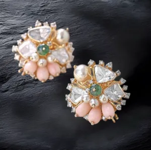 Coral Studs - Diamond Studs - Cocktail Jewelry - 925 silver Jewelry , South Indian Jewelry,bridal choker,Indian Wedding Jewelry,pure Silver indian jewelry - SHABURIS