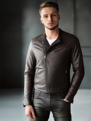 Crew Neck Vibrant Leather Jacket