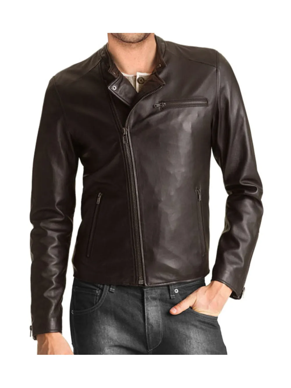 Crew Neck Vibrant Leather Jacket