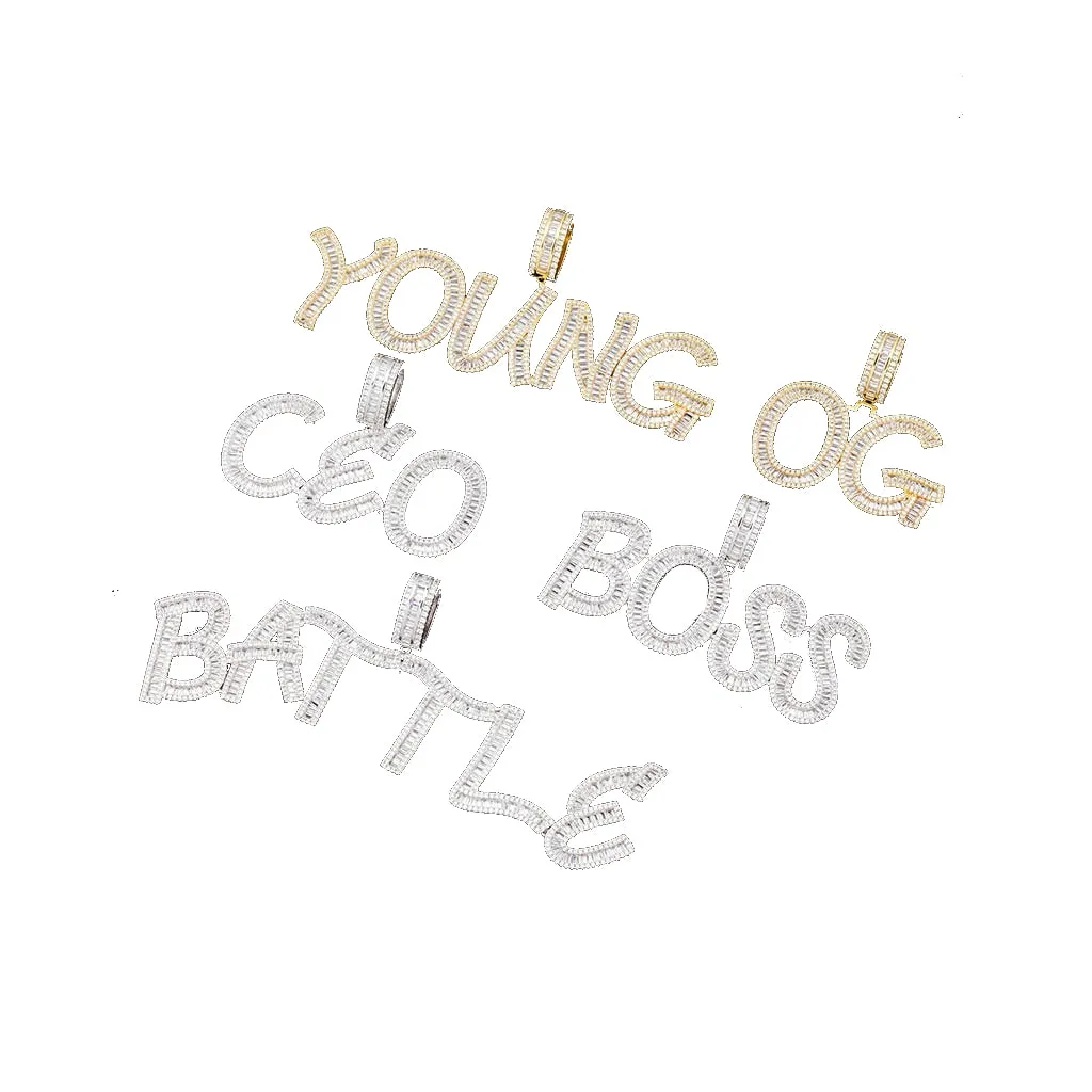 Custom Name Baguette Initials Necklaces & Pendant With Chain