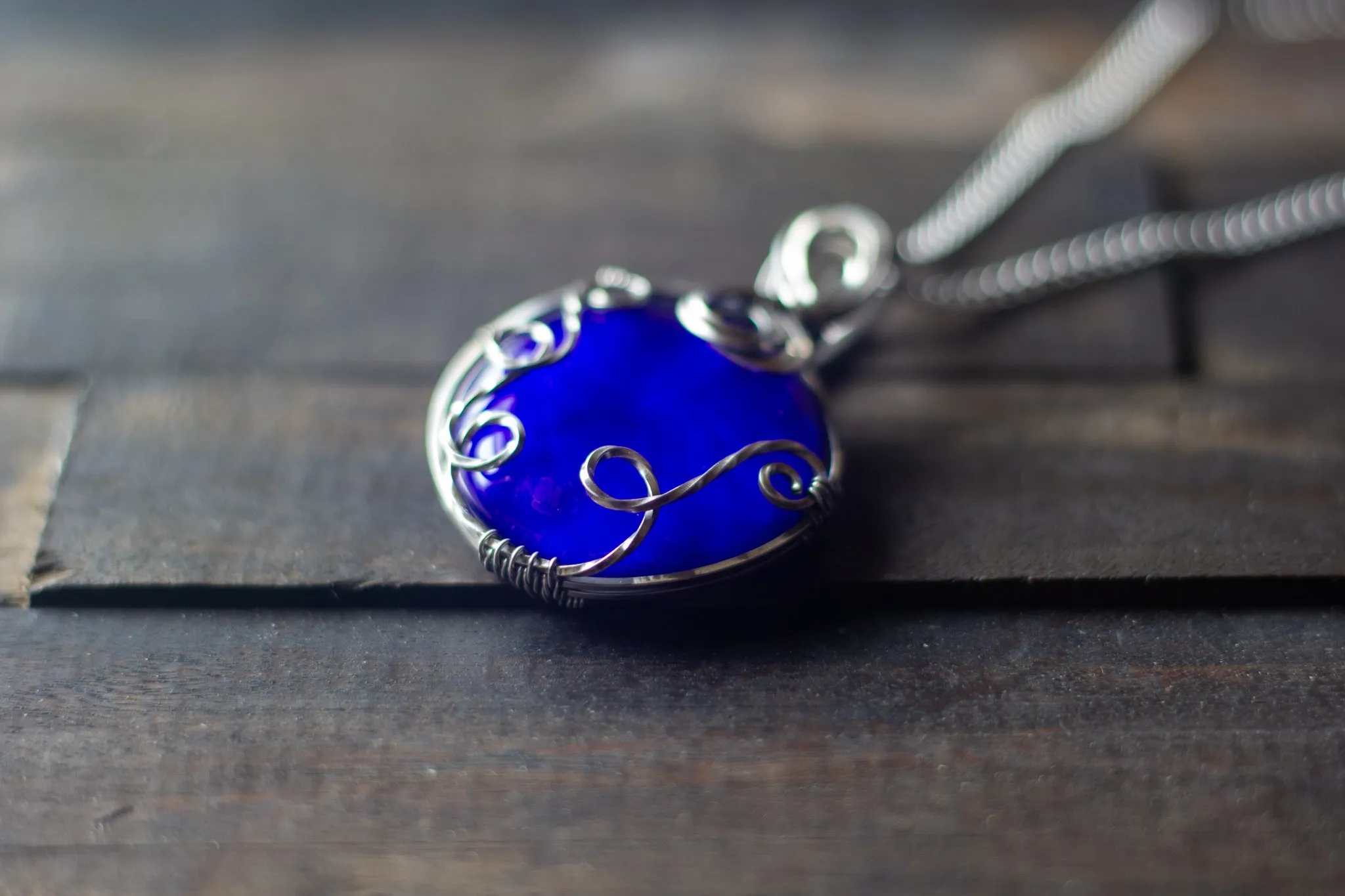 Deep Blue Fused Glass and Sterling Silver Pendant
