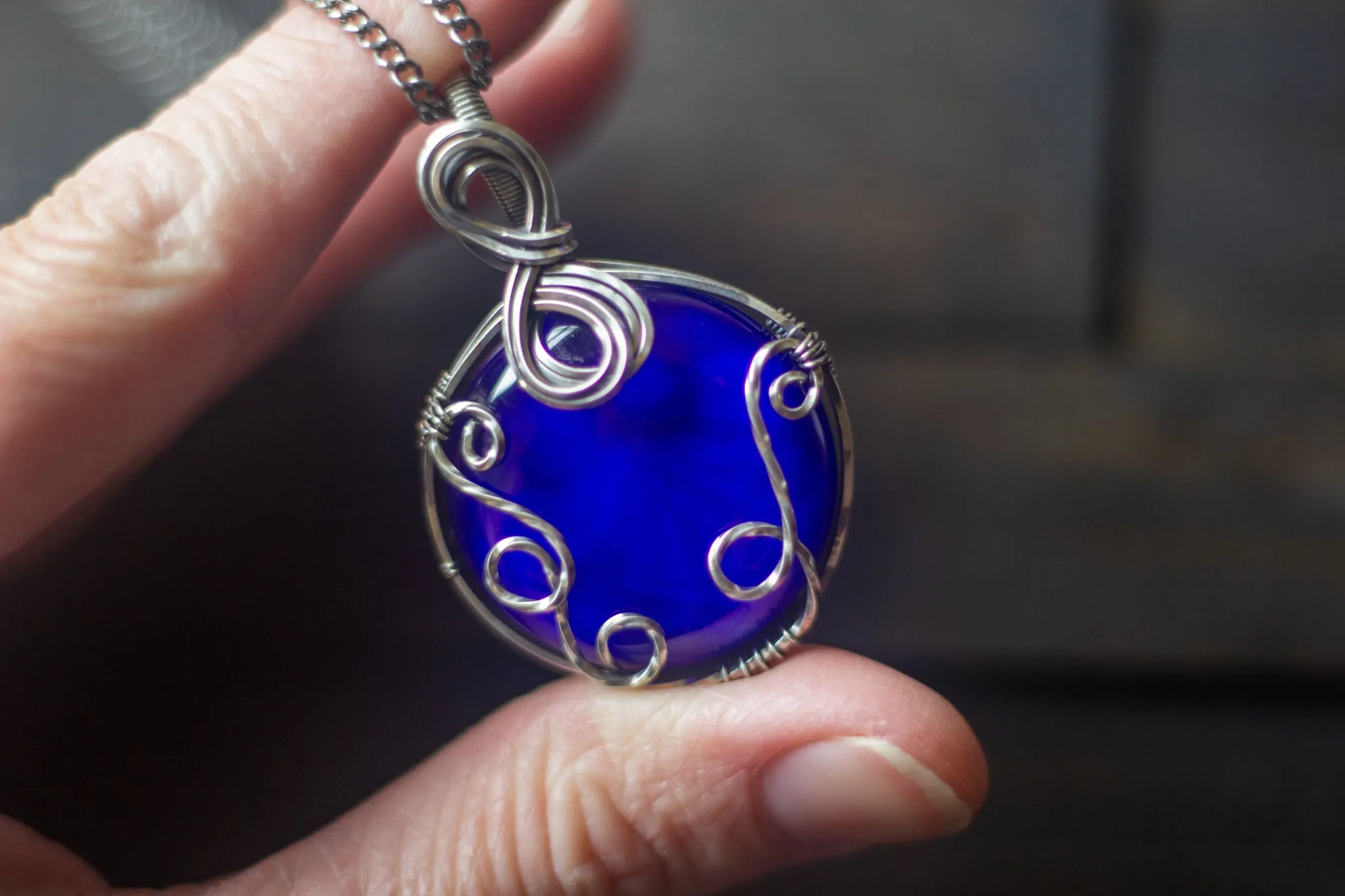 Deep Blue Fused Glass and Sterling Silver Pendant