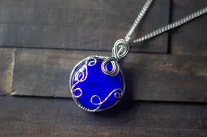 Deep Blue Fused Glass and Sterling Silver Pendant