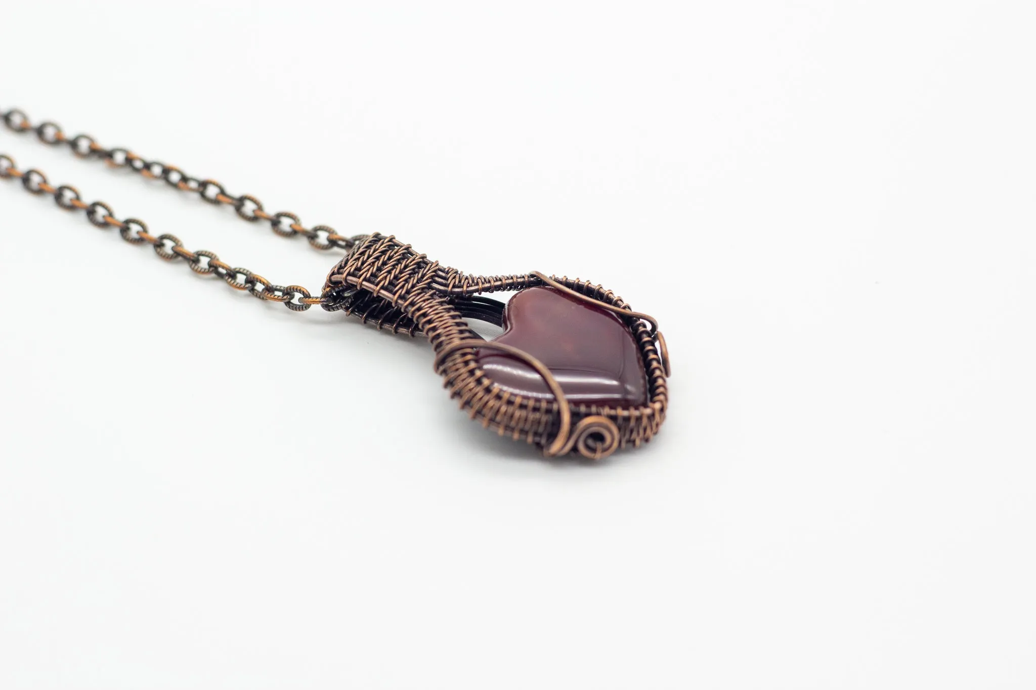 Deep Red Heart Fused Glass Pendant with Copper Wire Wrapping