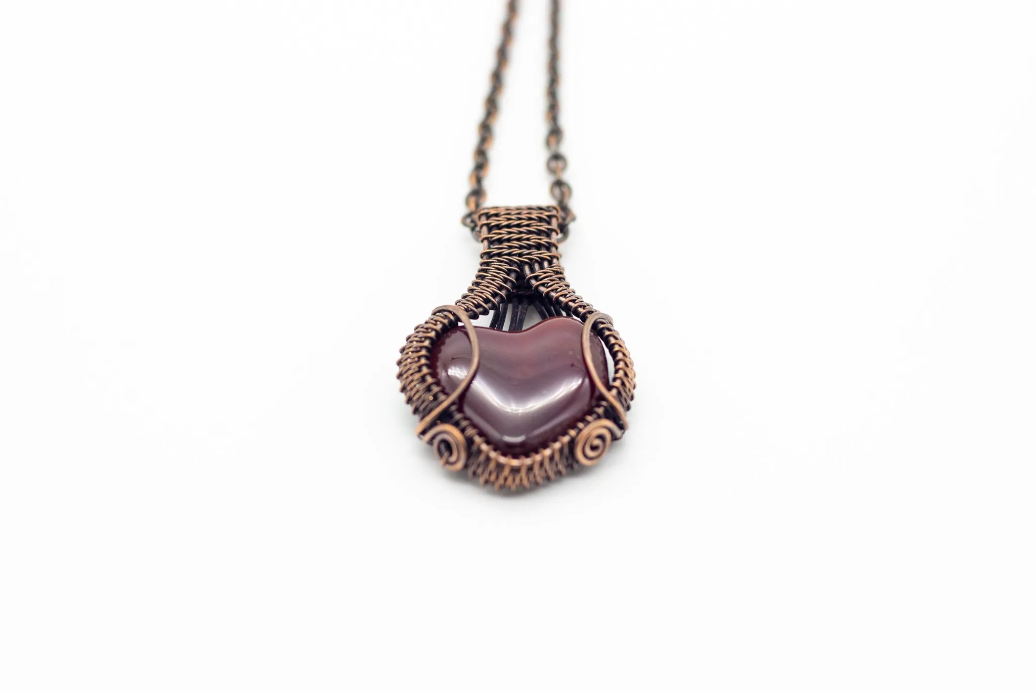 Deep Red Heart Fused Glass Pendant with Copper Wire Wrapping