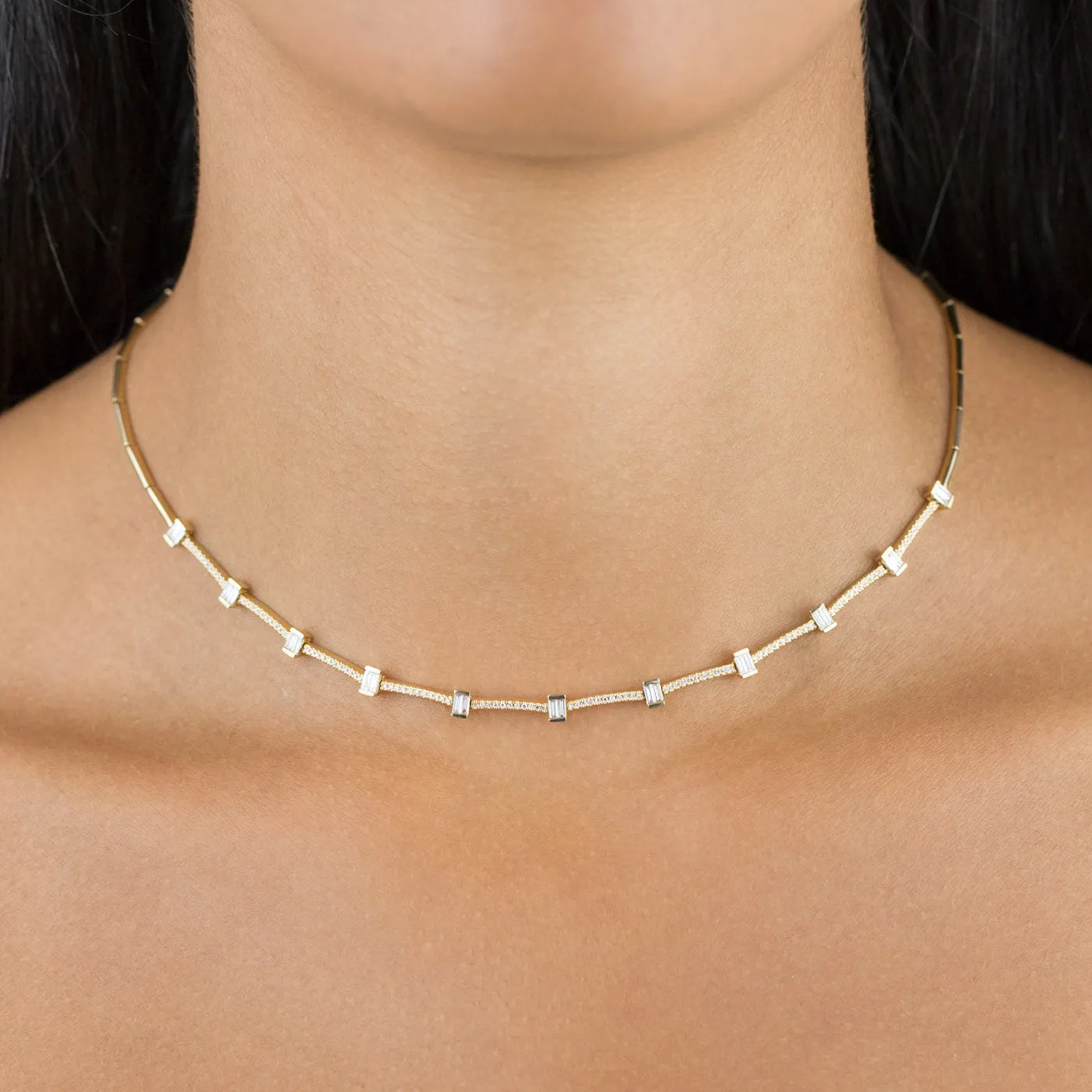 Diamond Baguette X Bar Necklace 14K