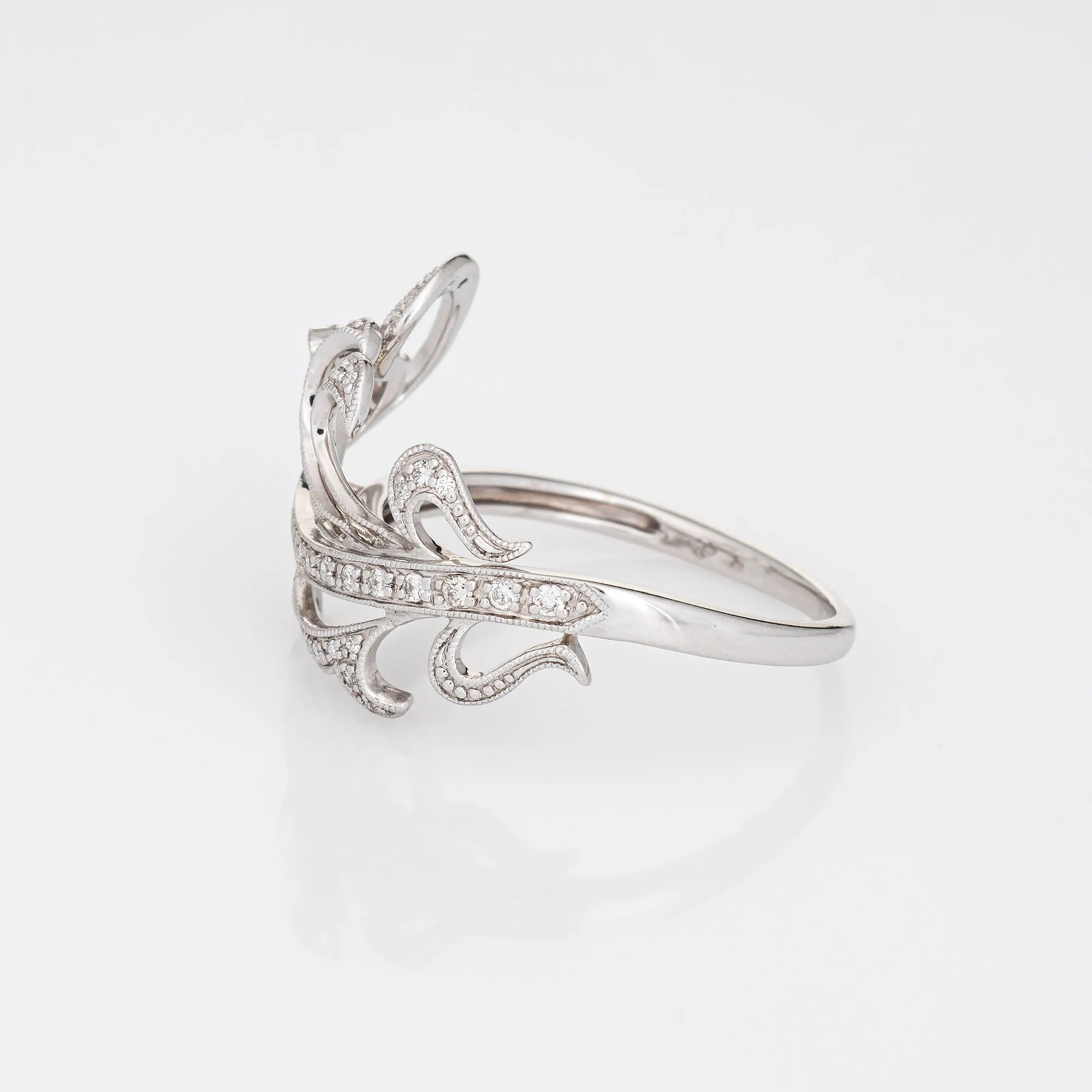 Diamond Feather Ring Estate 14k Whte Gold Sz 9 Vintage Fine Jewelry Band