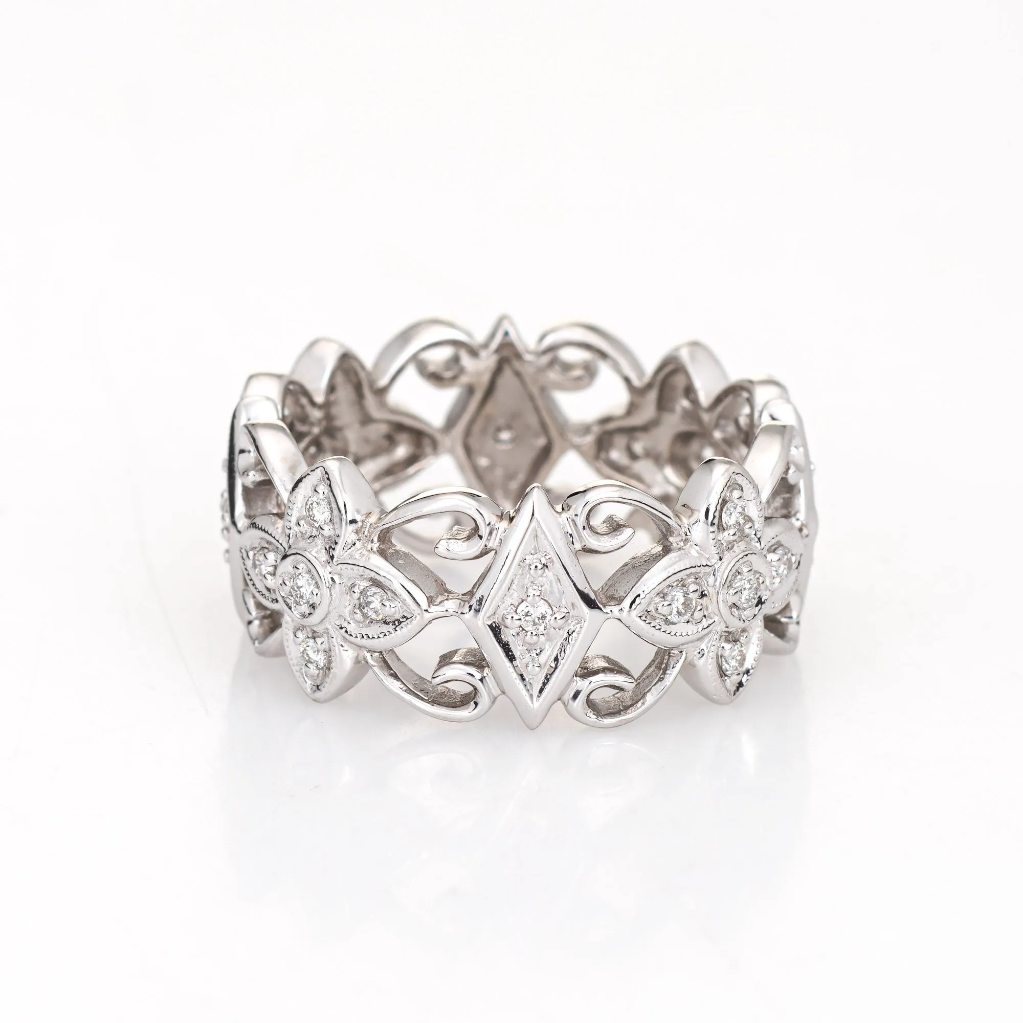 Diamond Flower Eternity Ring Sz 8 Estate 14k White Gold Vintage Fine Jewelry