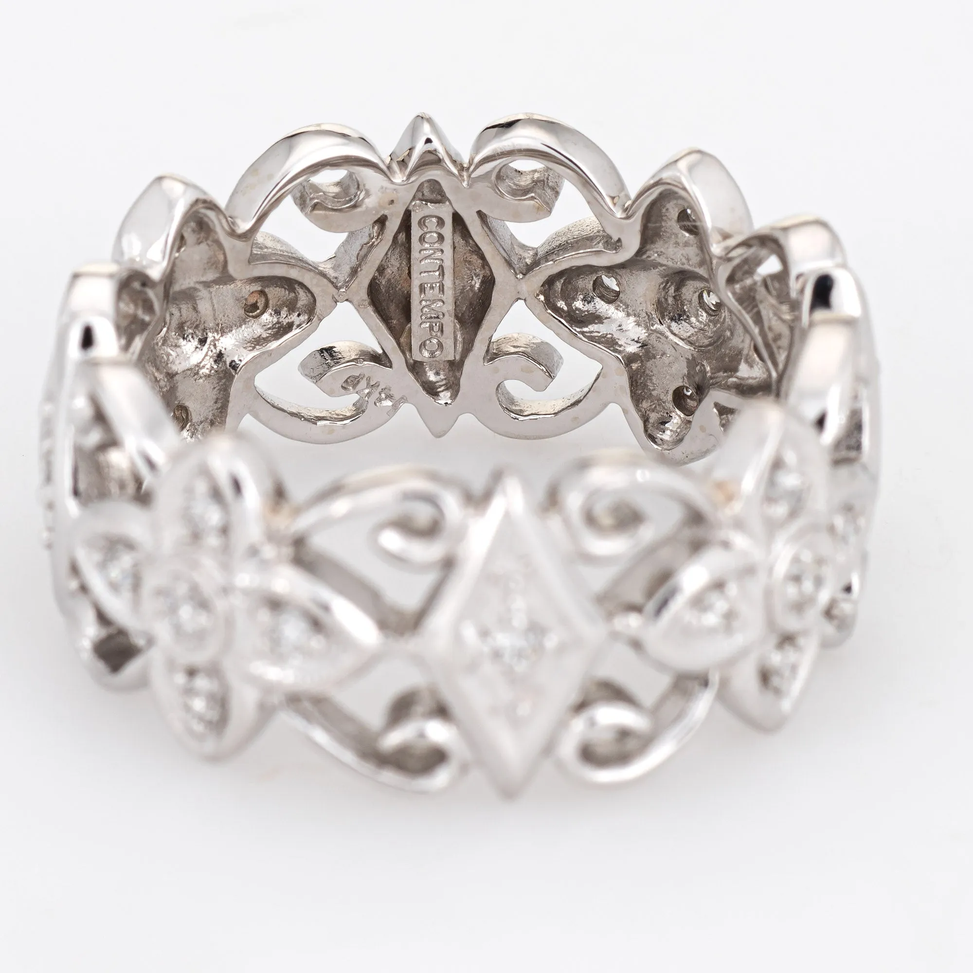 Diamond Flower Eternity Ring Sz 8 Estate 14k White Gold Vintage Fine Jewelry