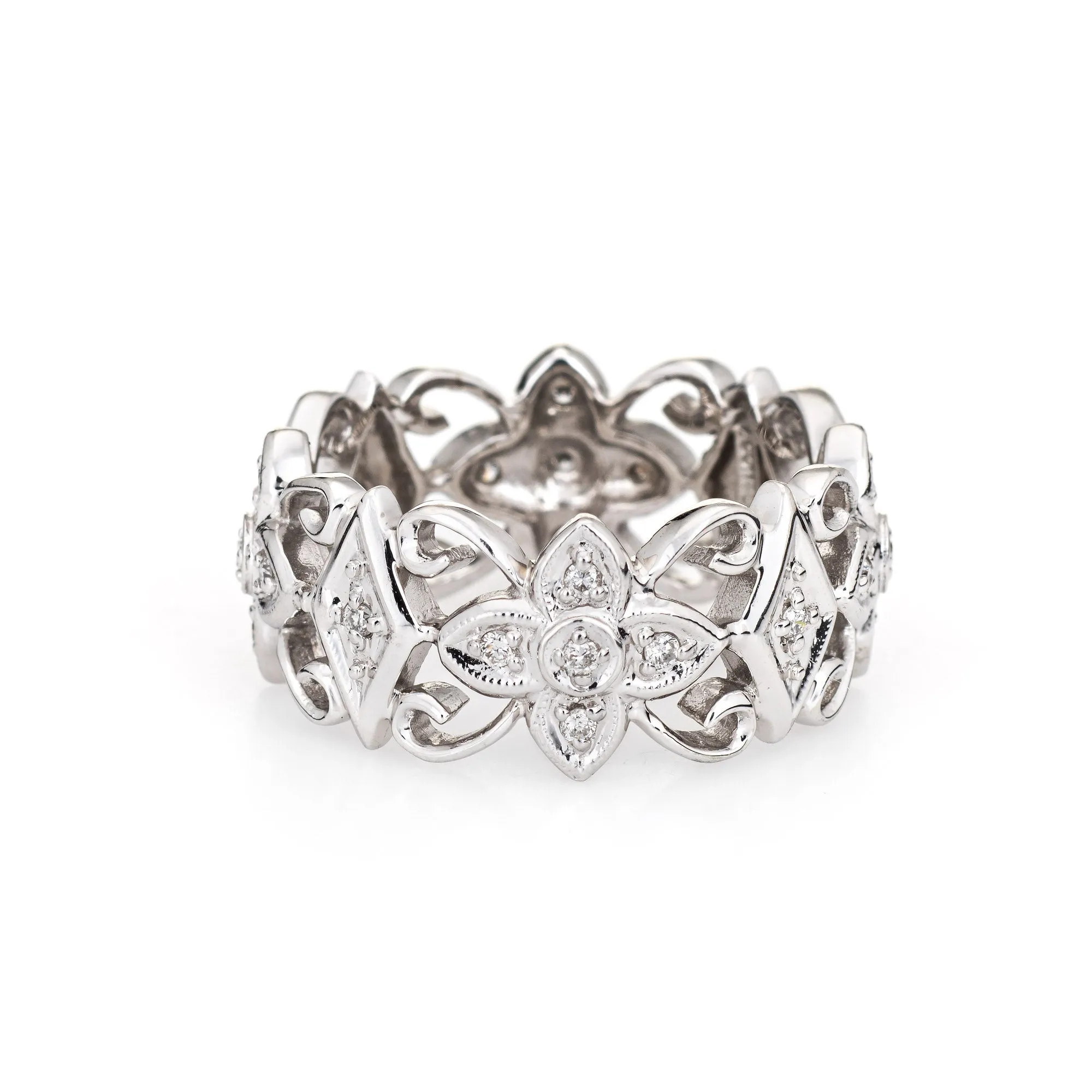 Diamond Flower Eternity Ring Sz 8 Estate 14k White Gold Vintage Fine Jewelry