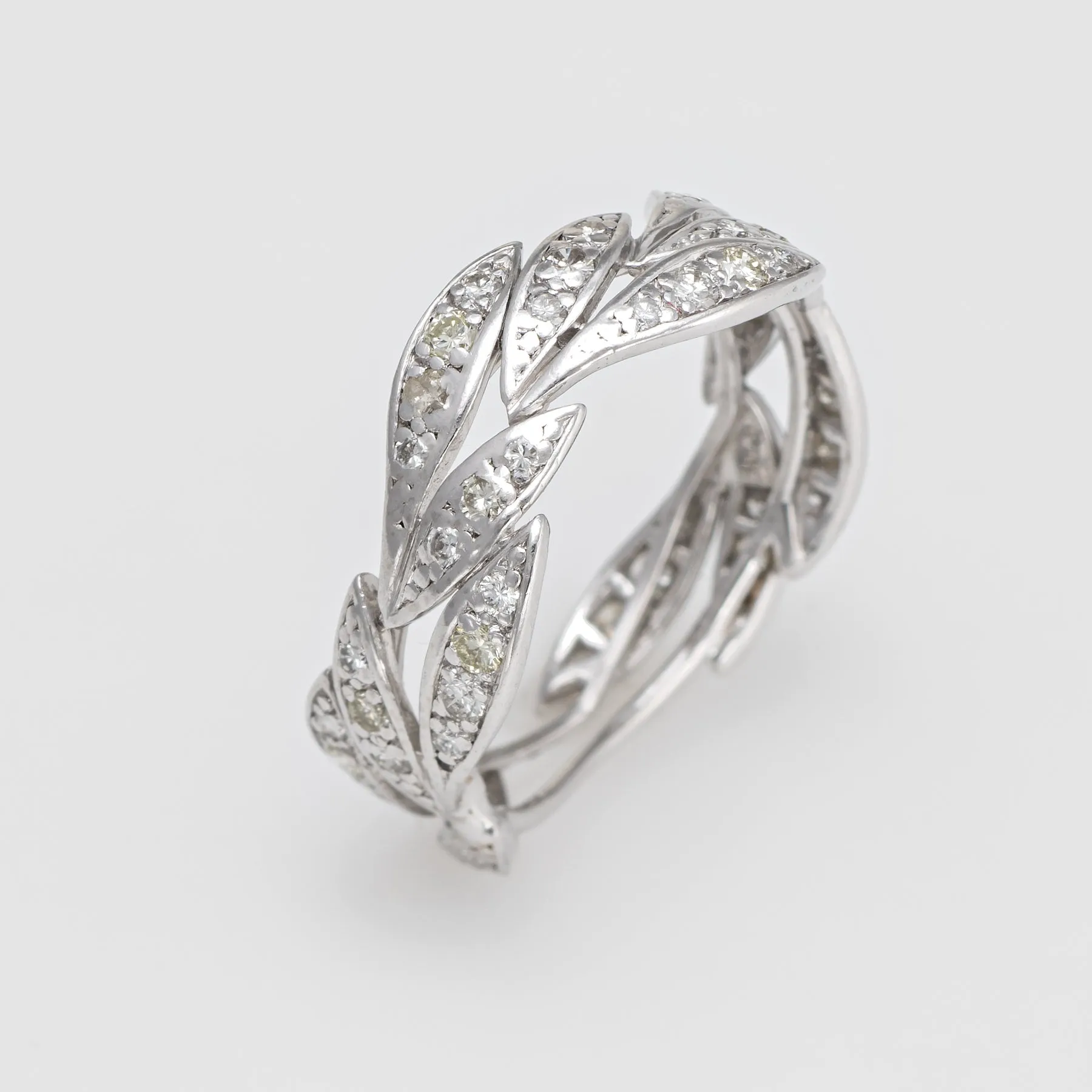 Diamond Leaf Eternity Ring Sz 6.75 Platinum Band Vintage Fine Jewelry Estate