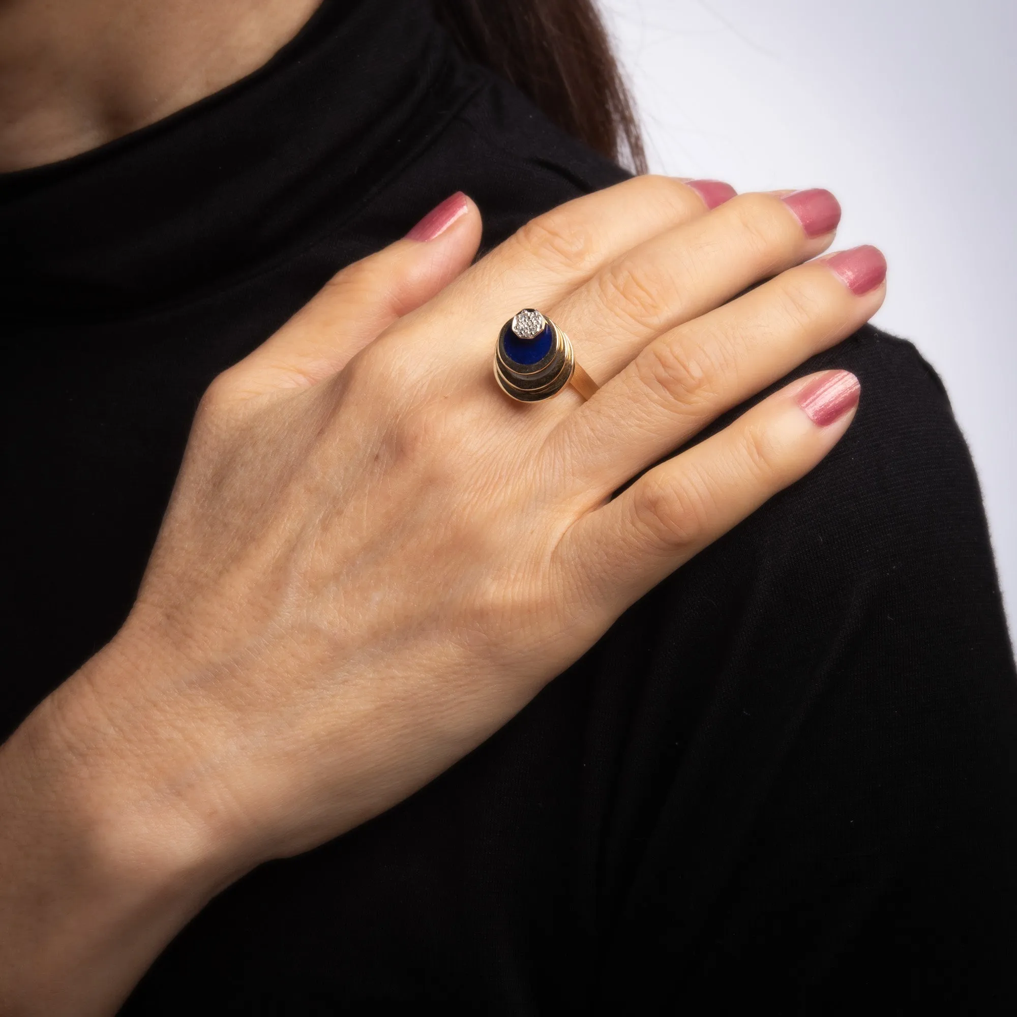 Diamond Spinning Ring Vintage 14k Yellow Gold Onyx Lapis MOP Spinner Jewelry