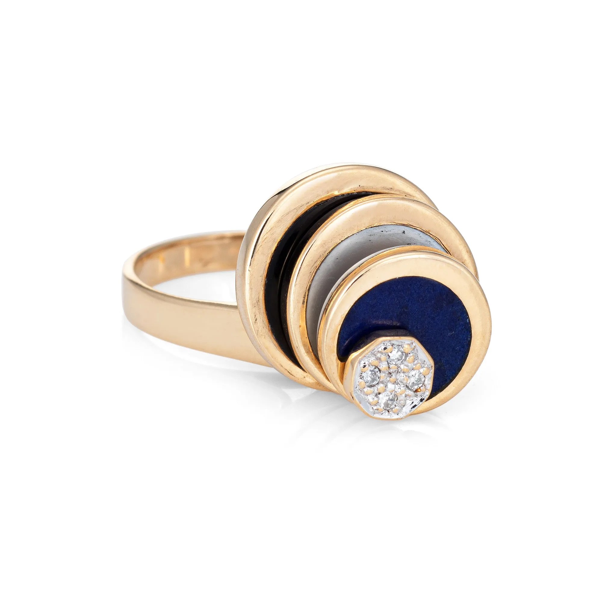 Diamond Spinning Ring Vintage 14k Yellow Gold Onyx Lapis MOP Spinner Jewelry