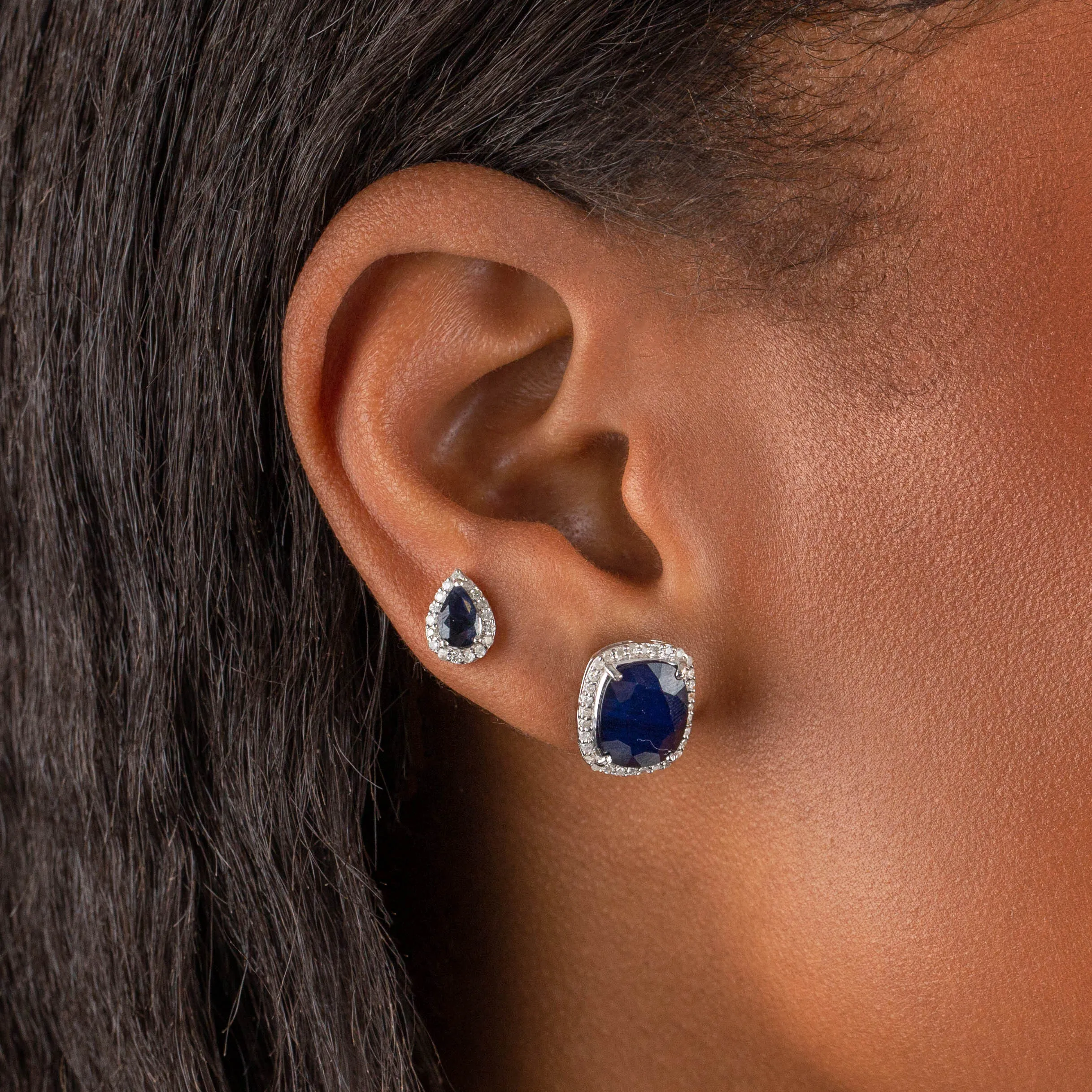 Diamond X Sapphire Pear Stud Earring 14K