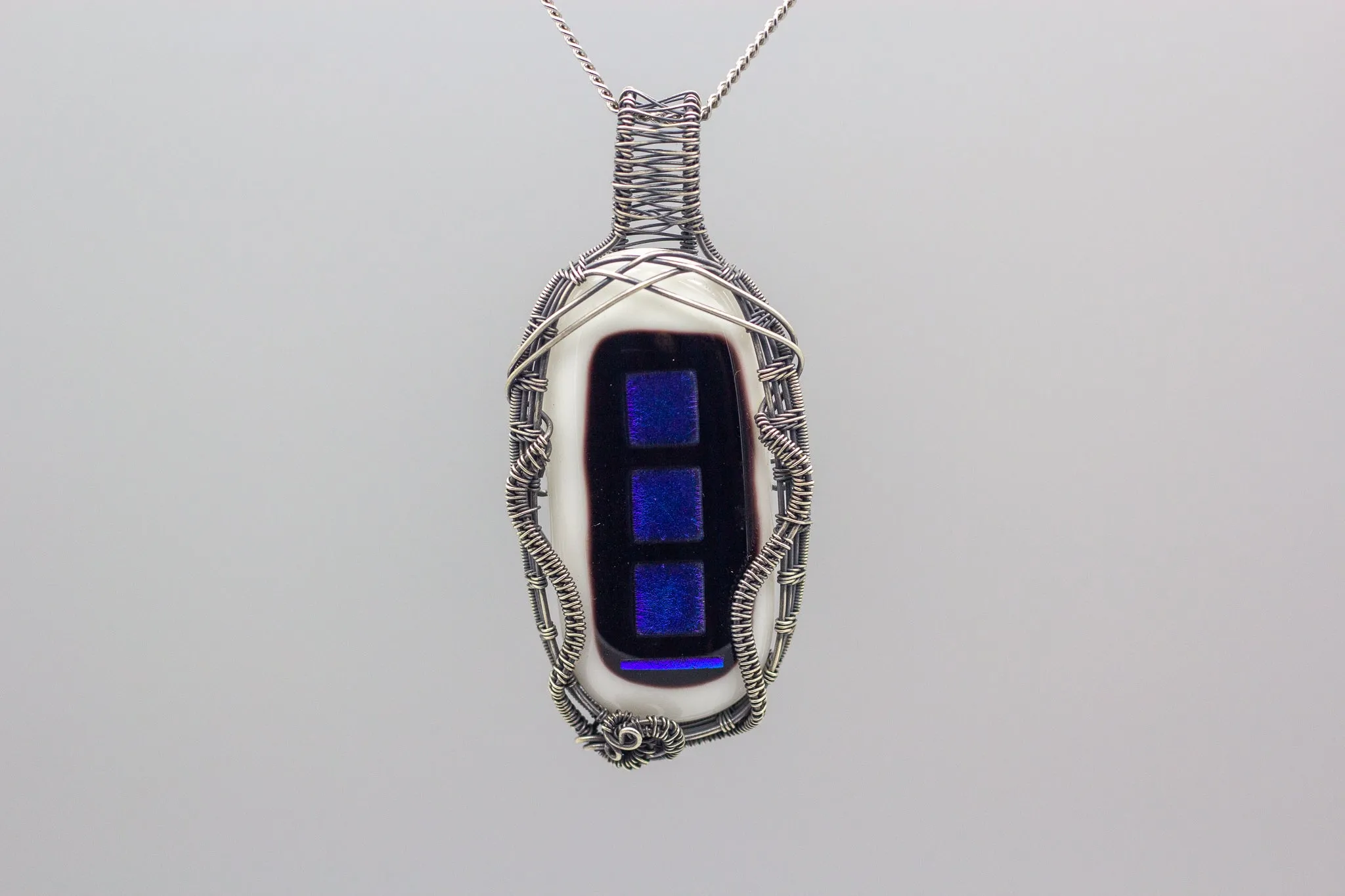 Dichroic Blue, Black and White Fused Glass and Sterling Silver Statement Necklace