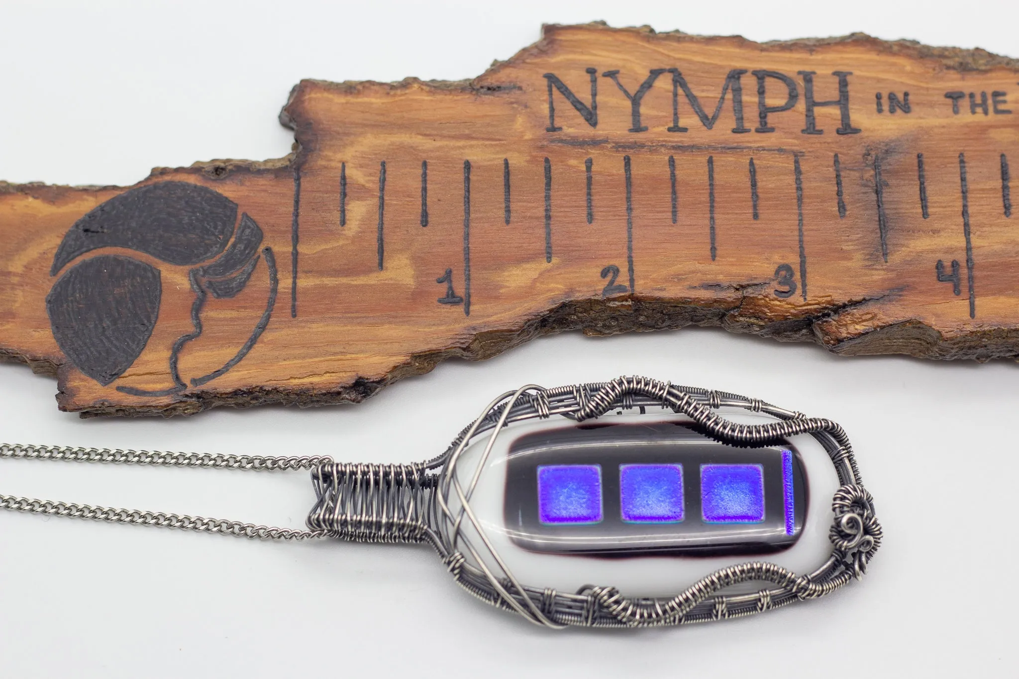 Dichroic Blue, Black and White Fused Glass and Sterling Silver Statement Necklace